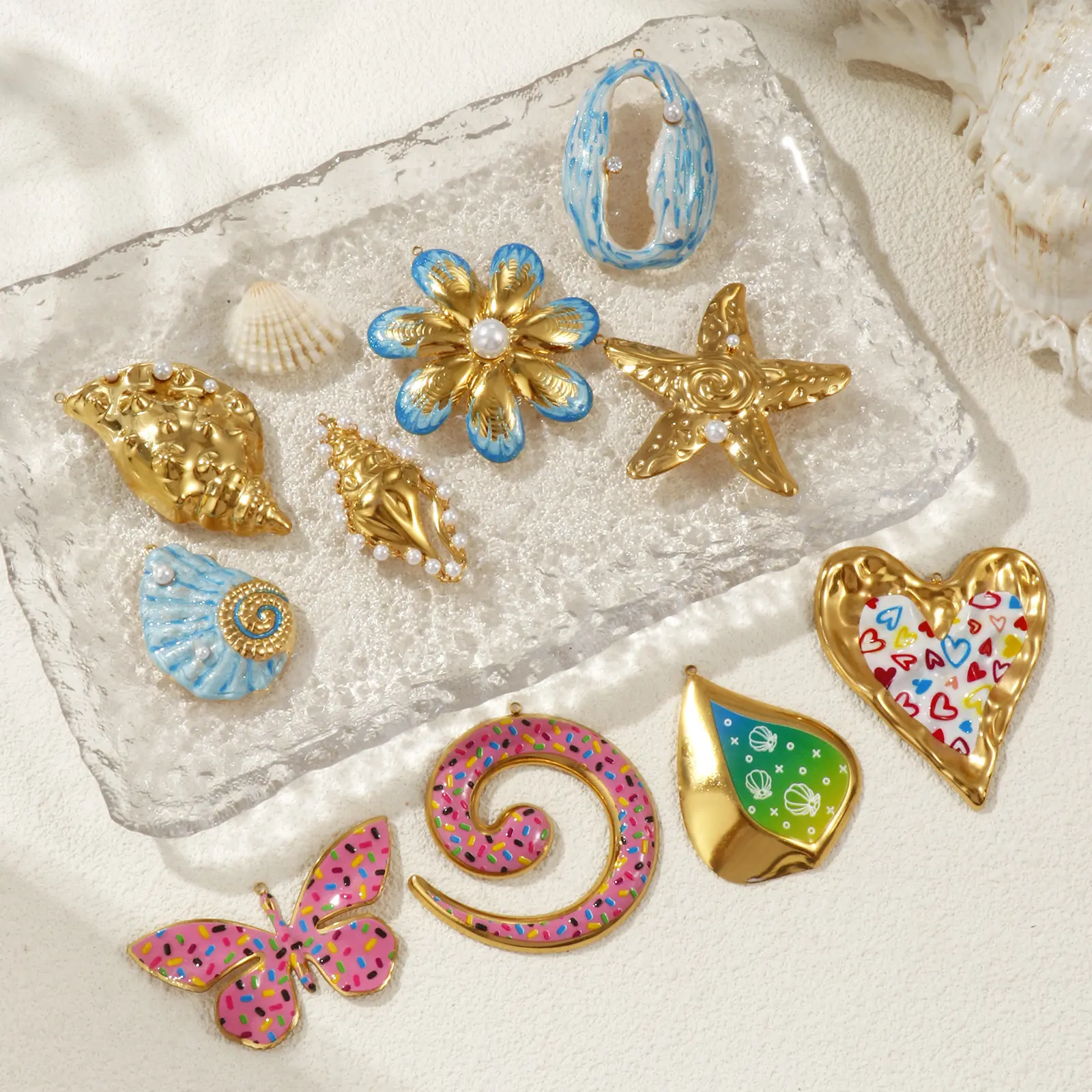 1 Piece 304 Stainless Steel Ocean Pendants 18K Gold Plated Conch Starfish Shell Flower Charms For Diy Necklace Jewelry Making