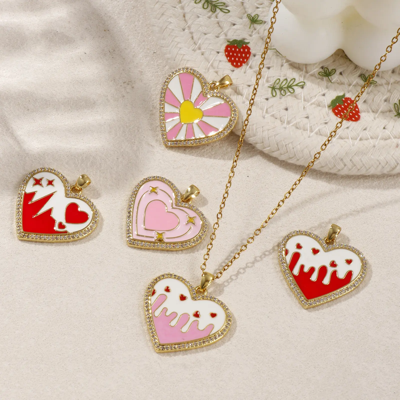 1 Piece Brass Valentine's Day Charms 18K Gold Plated Enamel Heart Pendant Red Pink For DIY Necklace Bracelet Jewelry Making