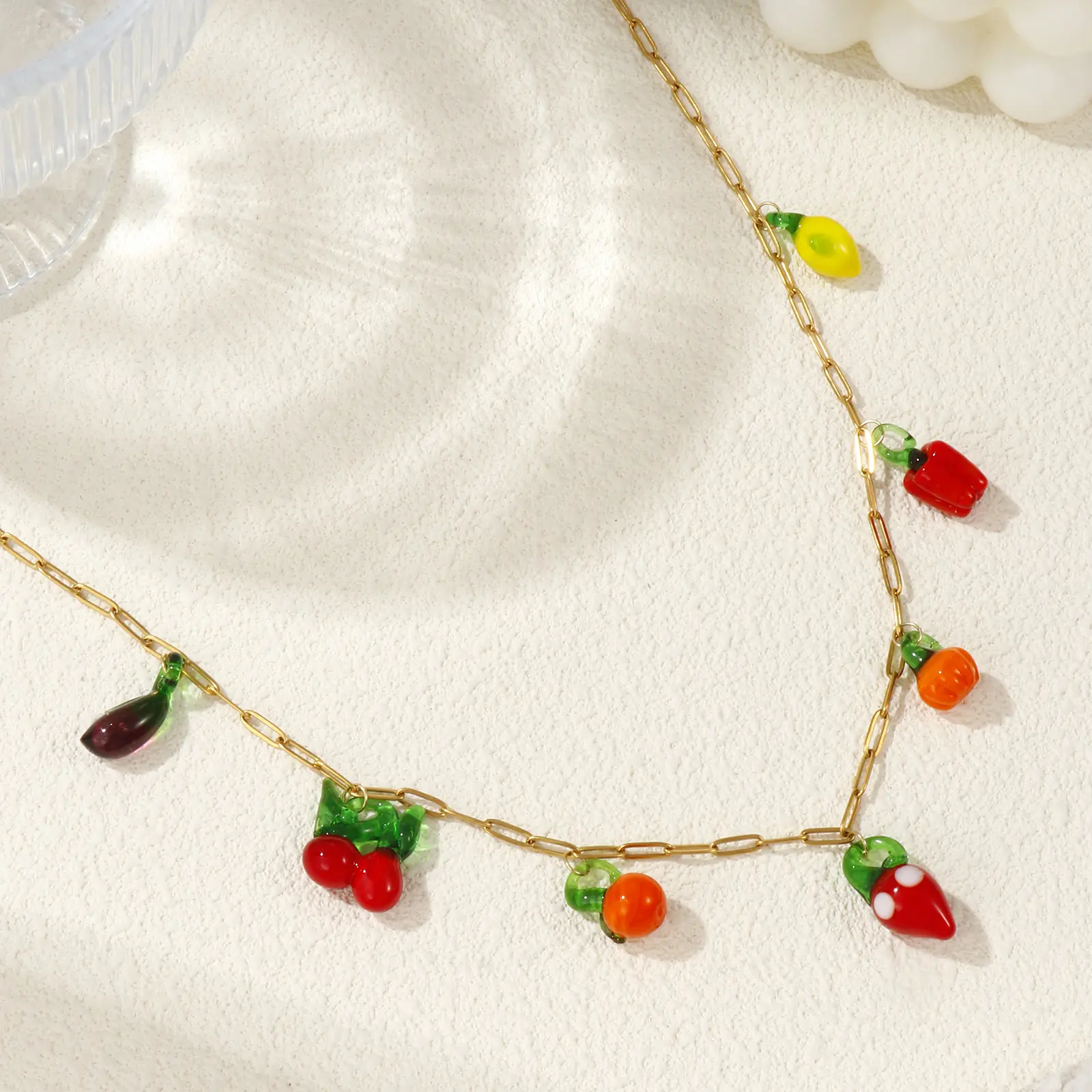 Paperclip Link Chain Pendant Charm Necklace 304 Stainless Steel & Lampwork Glass Colorful Fruit 60cm(23.6") For Women Gift