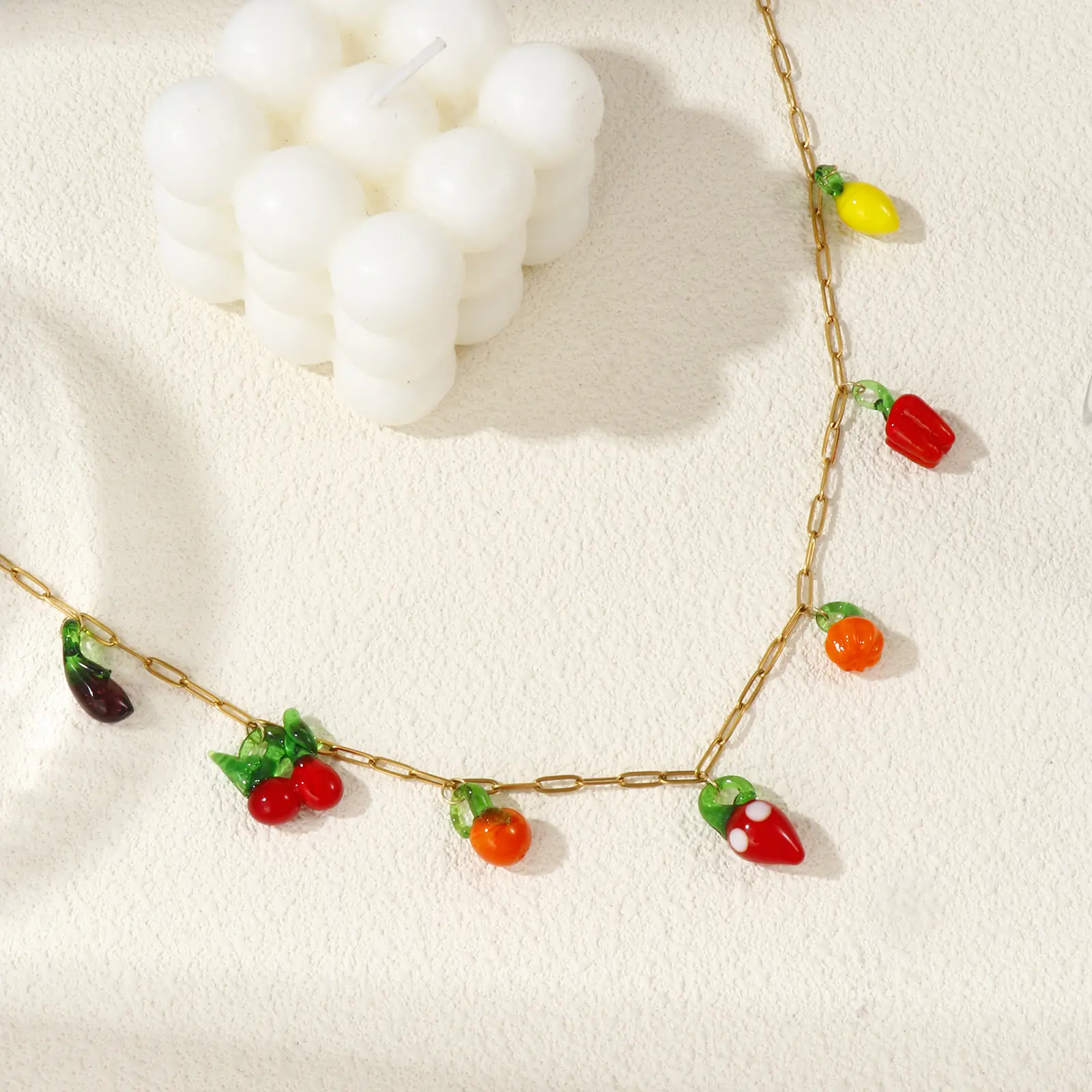 Paperclip Link Chain Pendant Charm Necklace 304 Stainless Steel & Lampwork Glass Colorful Fruit 60cm(23.6") For Women Gift