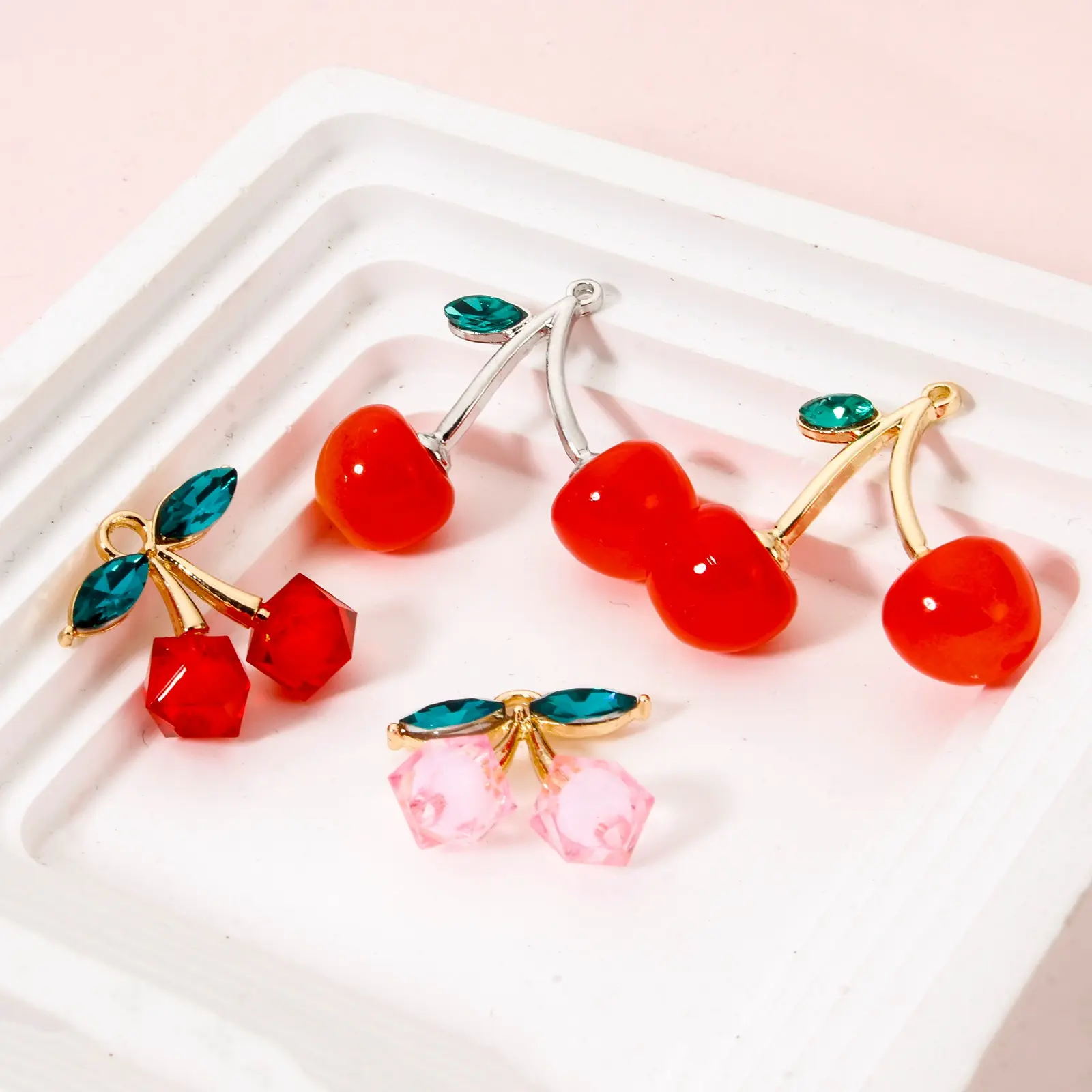 5 PCs 3D Cherry Charms Zinc Based Alloy Green Rhinestone Leave Pendant For Jewelry Making Necklace DIY Findings
