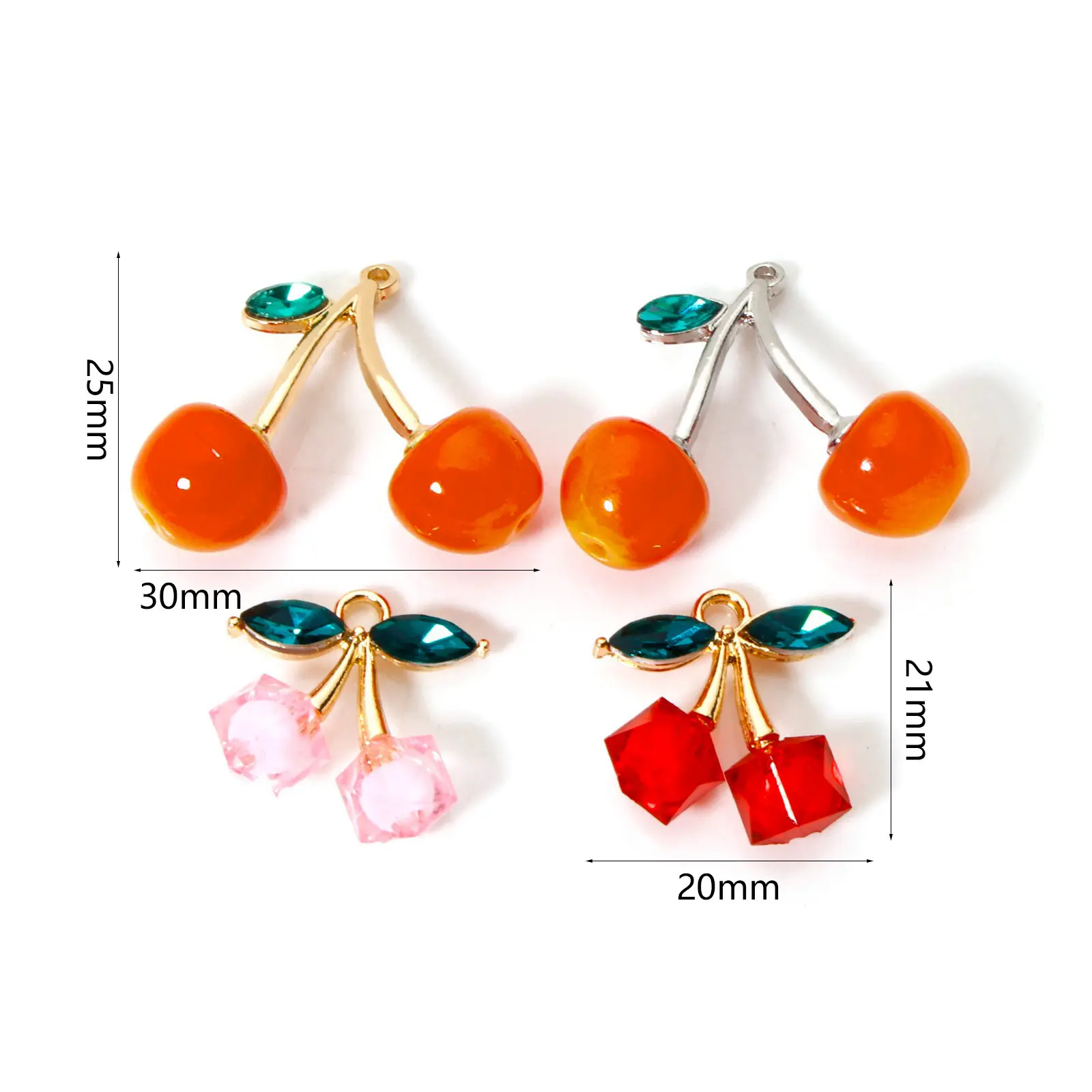 5 PCs 3D Cherry Charms Zinc Based Alloy Green Rhinestone Leave Pendant For Jewelry Making Necklace DIY Findings
