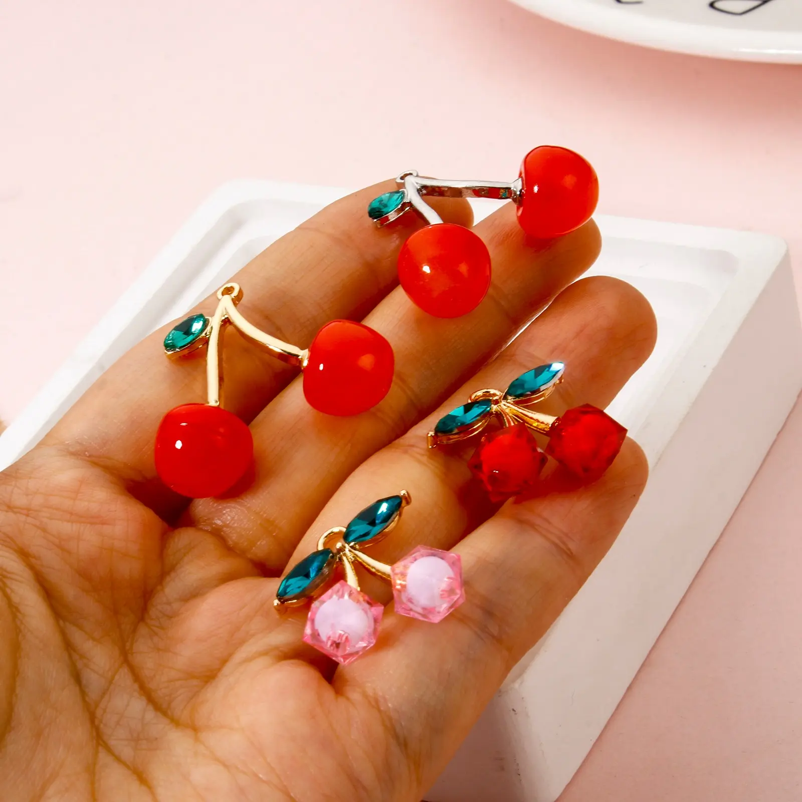 5 PCs 3D Cherry Charms Zinc Based Alloy Green Rhinestone Leave Pendant For Jewelry Making Necklace DIY Findings