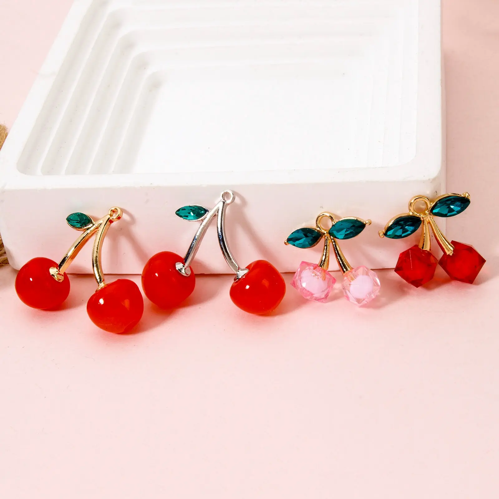 5 PCs 3D Cherry Charms Zinc Based Alloy Green Rhinestone Leave Pendant For Jewelry Making Necklace DIY Findings