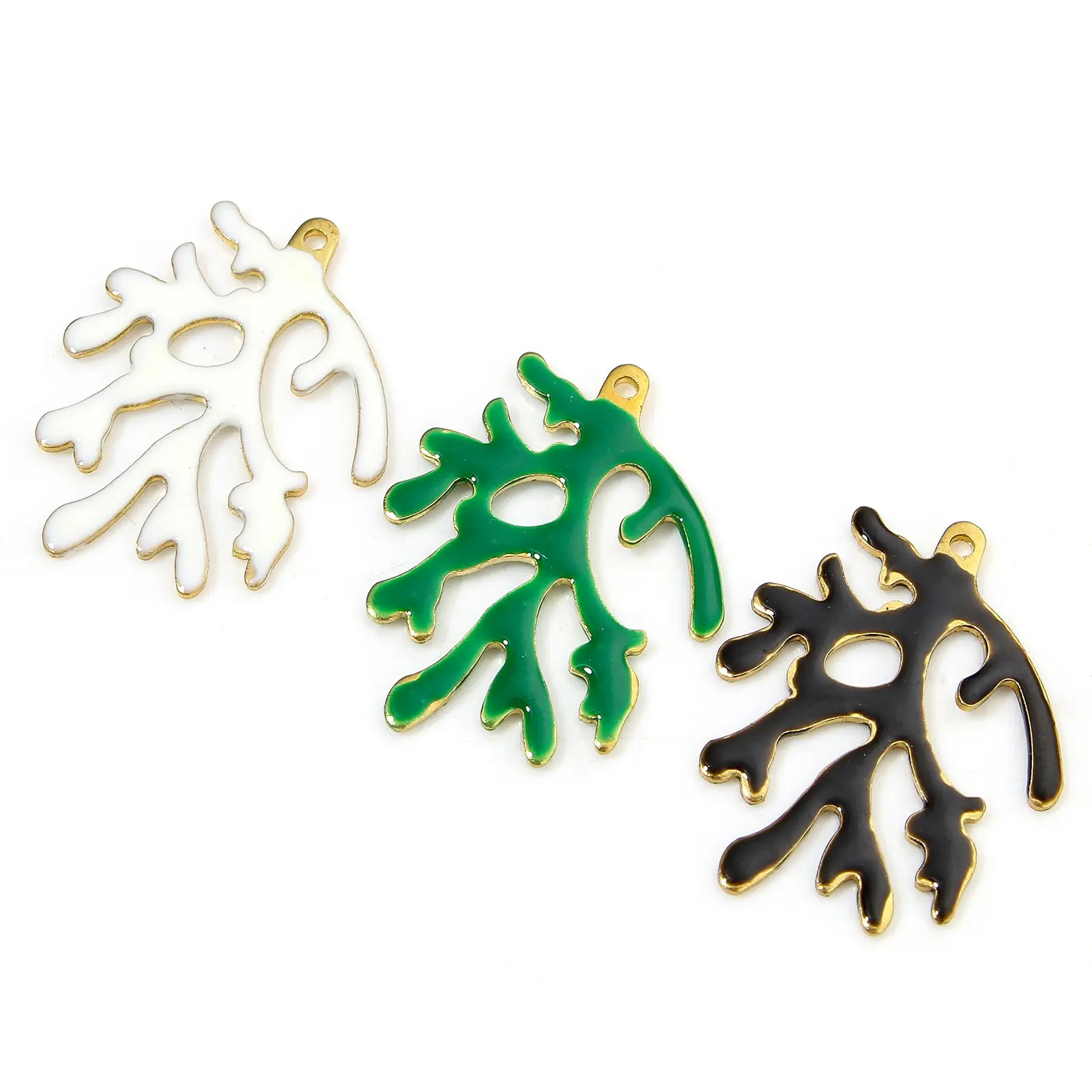 5 Piece Brass Enamelled Sequins Charms Brass Color Multicolor Coral Enamel Pendants For DIY Necklace Jewelry Making 20mm x 15mm