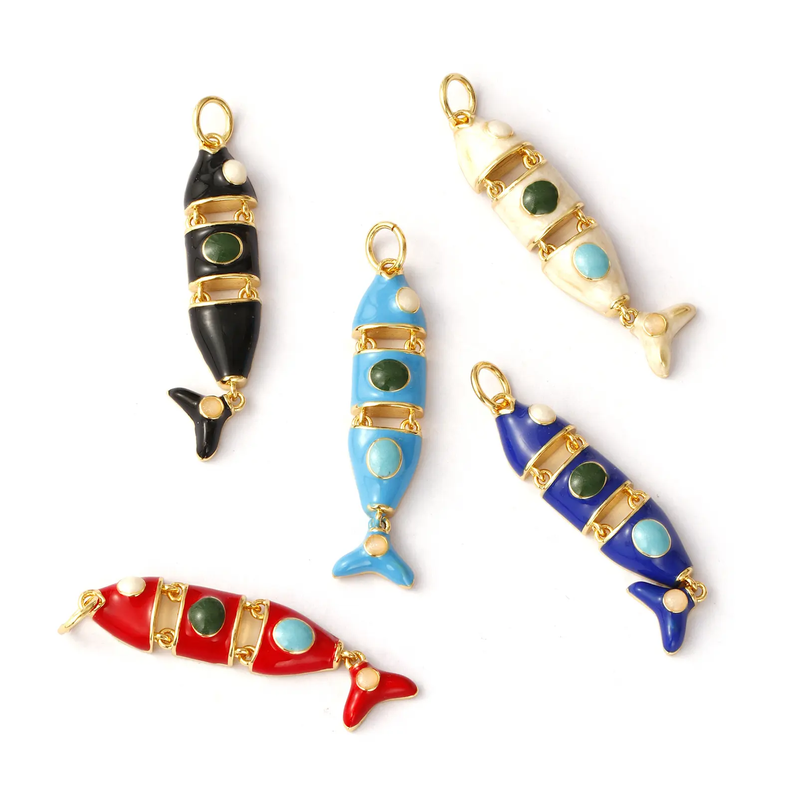 1 Piece Movable Brass Ocean 3D Enamel Fish Animal Charm Pendant 18K Gold Plated For Necklace DIY Making 3.6x0.8cm