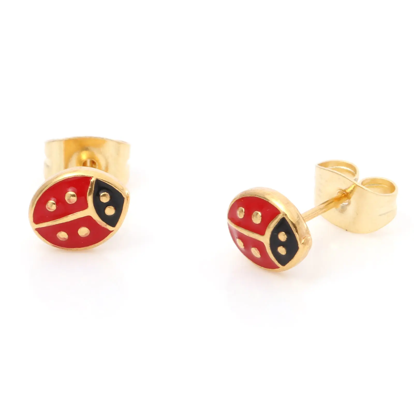 316 Stainless Steel Ear Post Stud Earrings Gold Color Red Ladybug Animal Enamel 7.3mm x 6mm, Post/ Wire Size: (21 gauge), 1 Pair