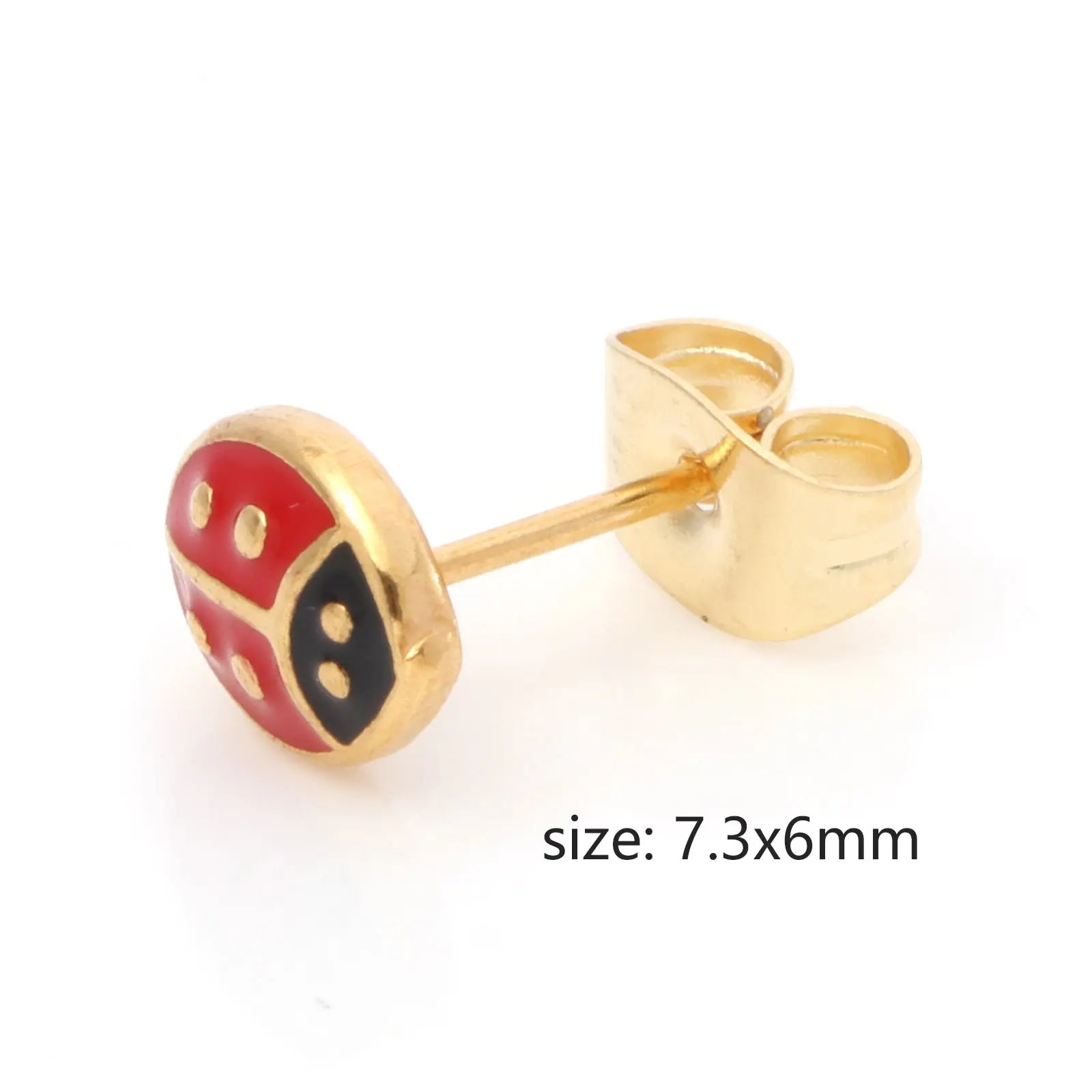 316 Stainless Steel Ear Post Stud Earrings Gold Color Red Ladybug Animal Enamel 7.3mm x 6mm, Post/ Wire Size: (21 gauge), 1 Pair
