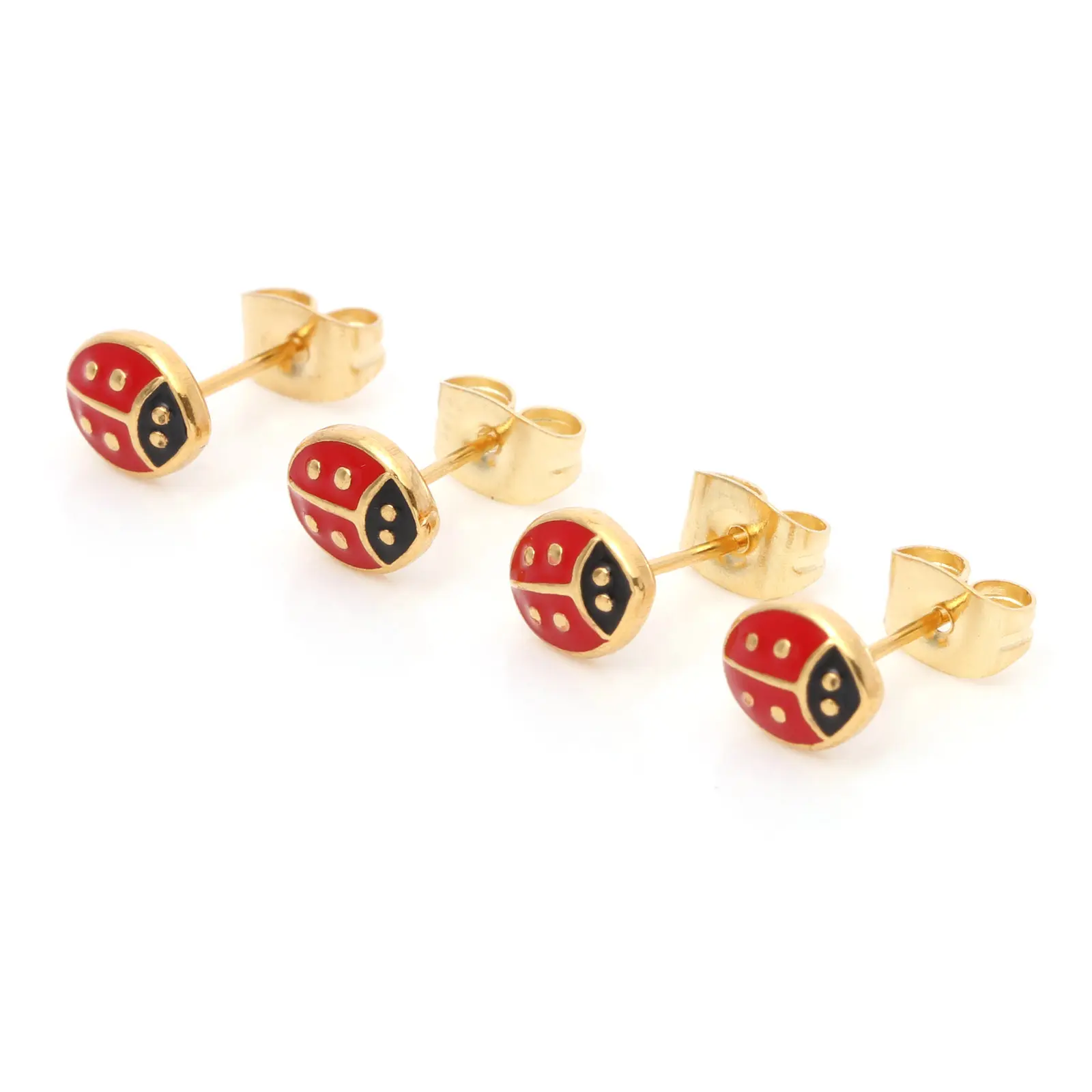 316 Stainless Steel Ear Post Stud Earrings Gold Color Red Ladybug Animal Enamel 7.3mm x 6mm, Post/ Wire Size: (21 gauge), 1 Pair