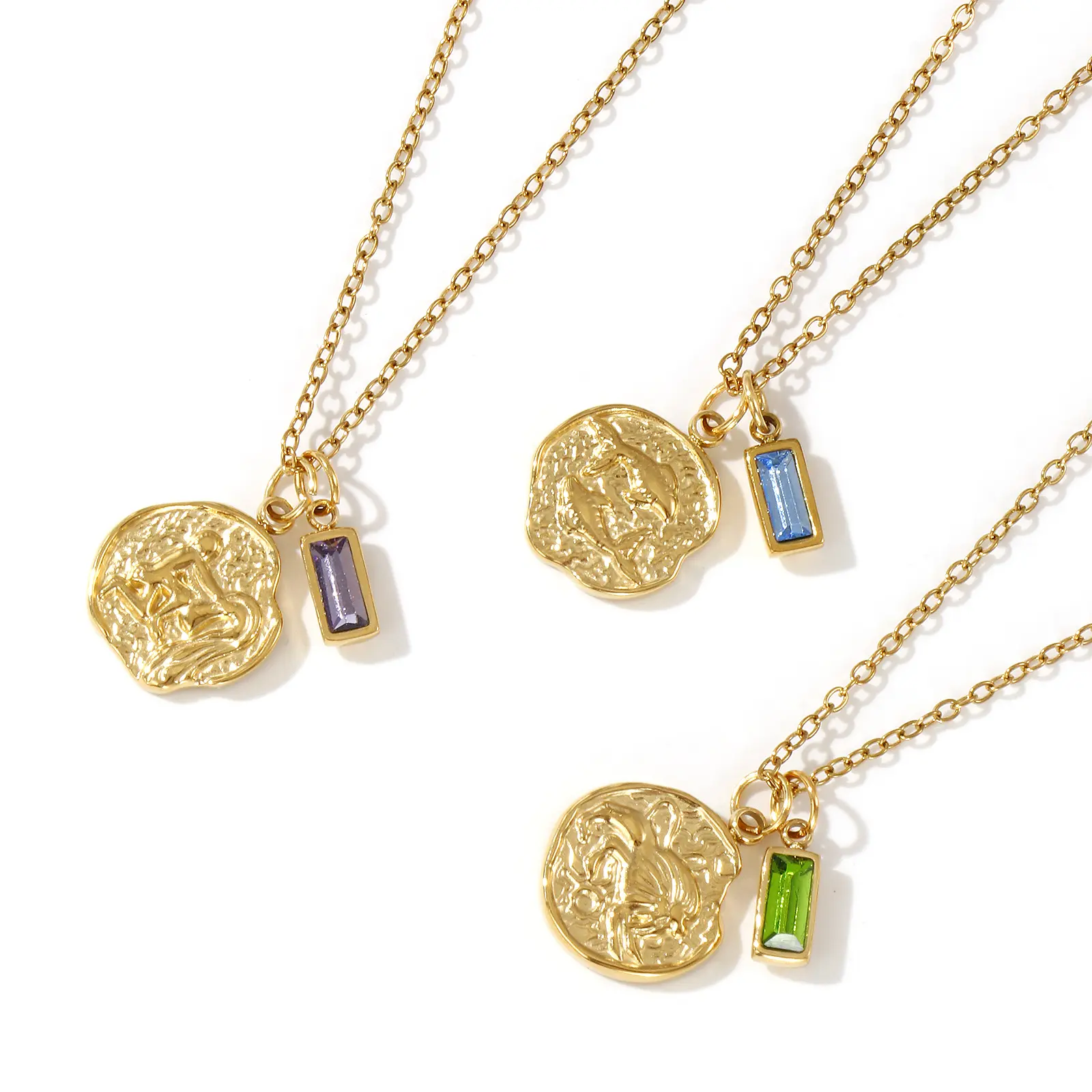 304 Stainless Steel Link Cable Chain Necklace Disc Constellation Birthstone Pendant Charm 18K Gold Plated 45cm + 5cm, 1 Piece