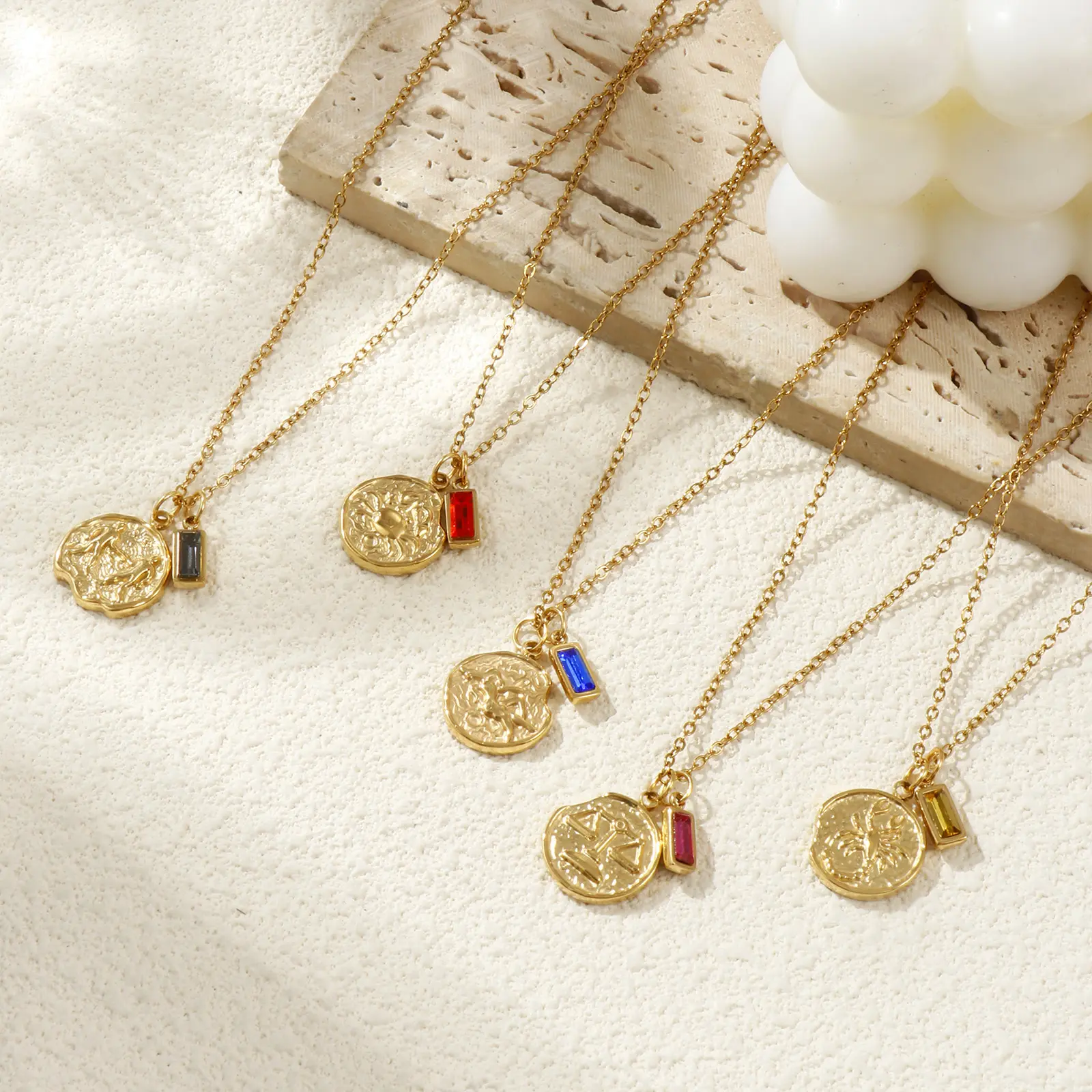304 Stainless Steel Link Cable Chain Necklace Disc Constellation Birthstone Pendant Charm 18K Gold Plated 45cm + 5cm, 1 Piece