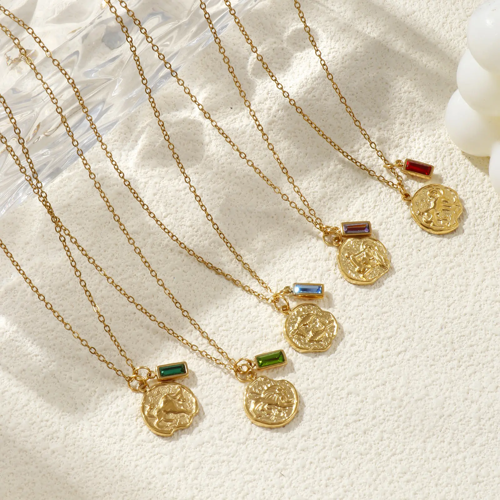 304 Stainless Steel Link Cable Chain Necklace Disc Constellation Birthstone Pendant Charm 18K Gold Plated 45cm + 5cm, 1 Piece