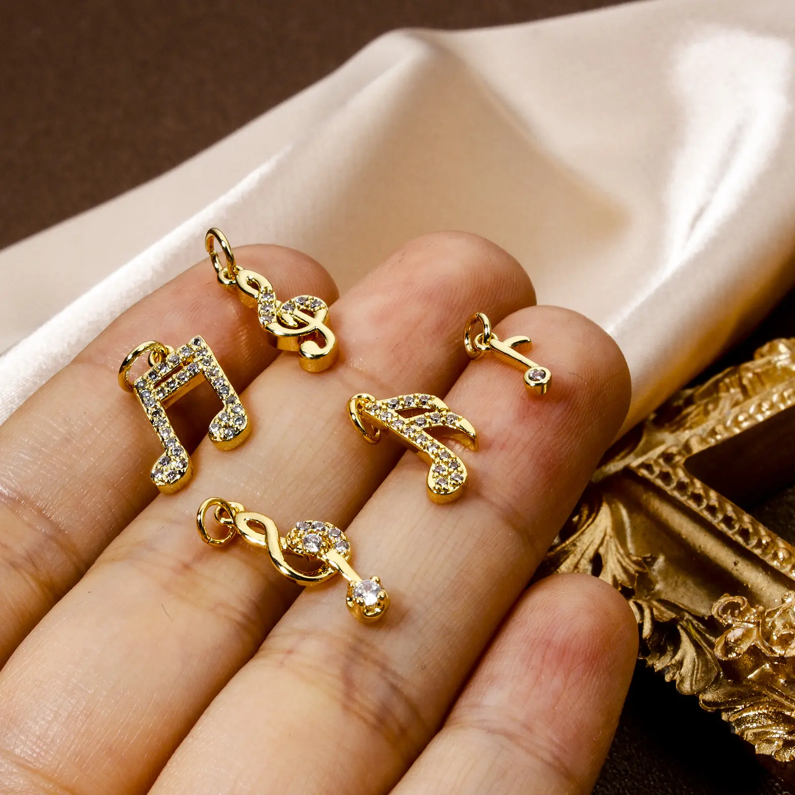 1 Piece Brass Music Charms 18K Real Gold Plated Musical Note Micro Pave Clear Cubic Zirconia Pendants For DIY Necklace Making