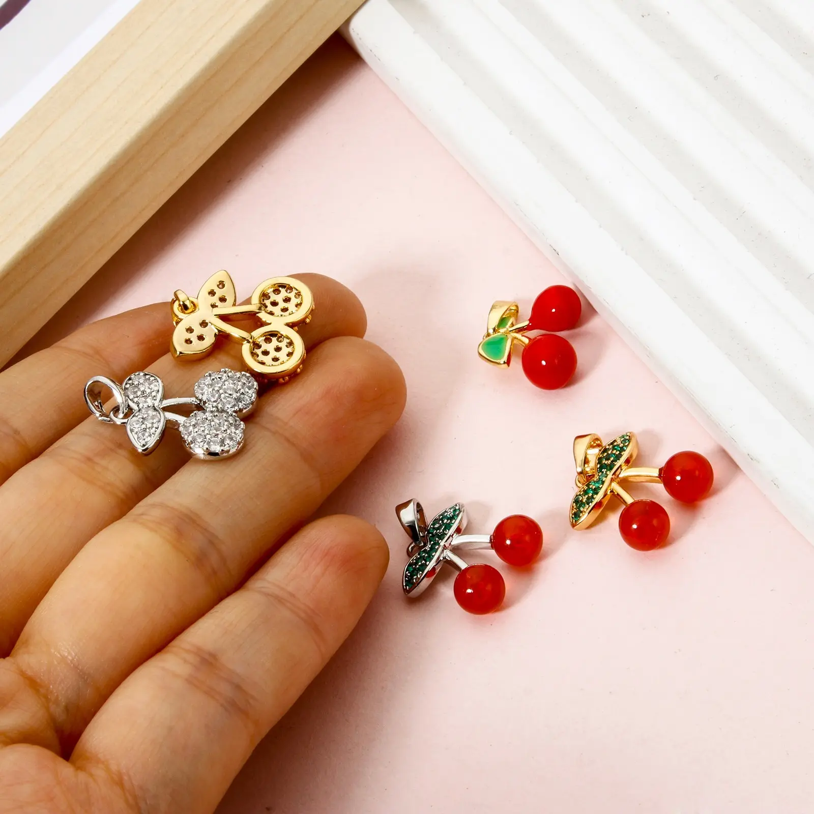 2 Pcs Brass Charm Gold Plated Red Cherry Fruit Metal Pendant For DIY Necklace Bracelet Jewelry Making Findings Supplies