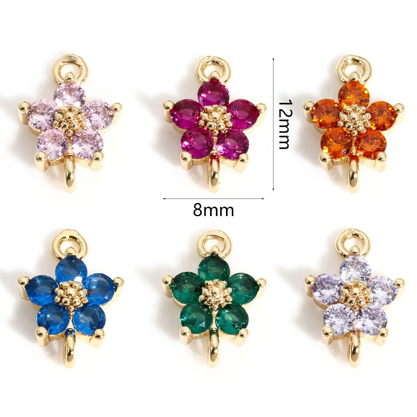 2 Piece Flower Brass Connectors Charms Pendants For DIY Jewelry Making 18K Real Gold Plated Multicolour Cubic Zirconia 12mmx8mm