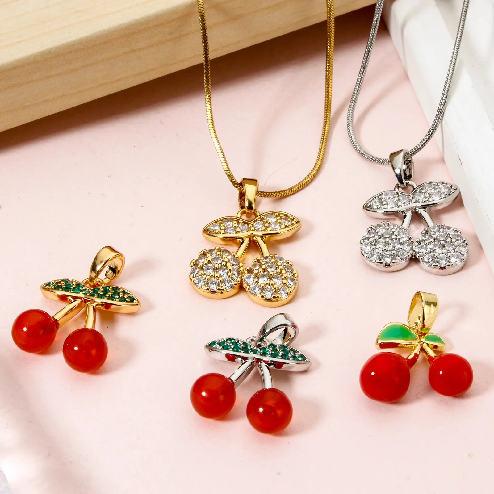 2 Pcs Brass Charm Gold Plated Red Cherry Fruit Metal Pendant For DIY Necklace Bracelet Jewelry Making Findings Supplies