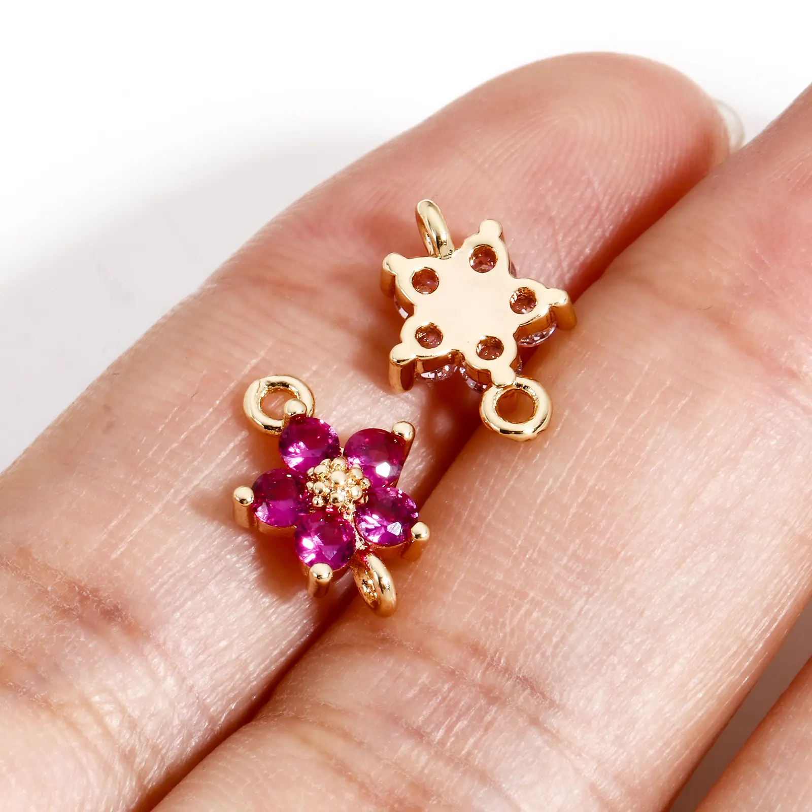 2 Piece Flower Brass Connectors Charms Pendants For DIY Jewelry Making 18K Real Gold Plated Multicolour Cubic Zirconia 12mmx8mm