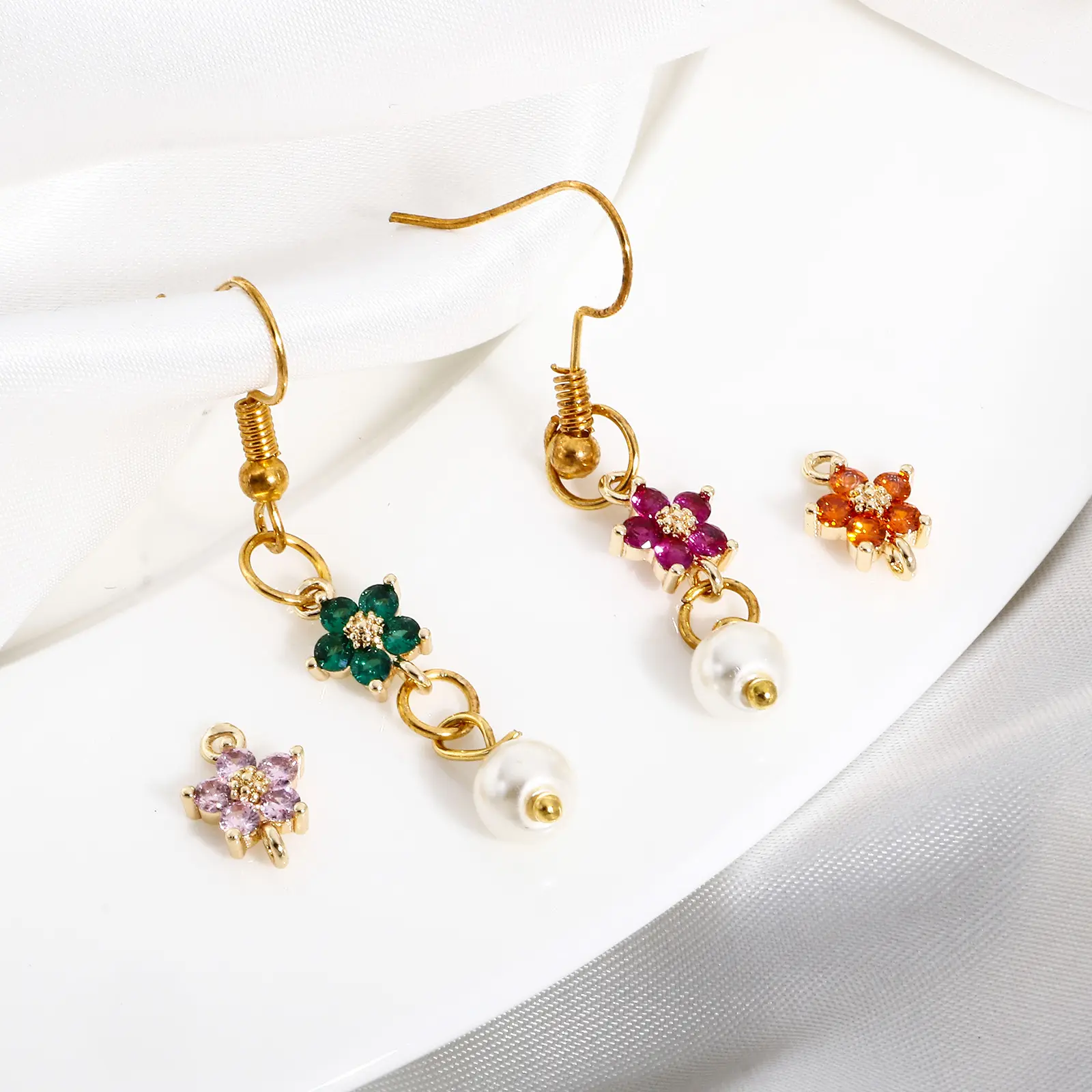 2 Piece Flower Brass Connectors Charms Pendants For DIY Jewelry Making 18K Real Gold Plated Multicolour Cubic Zirconia 12mmx8mm