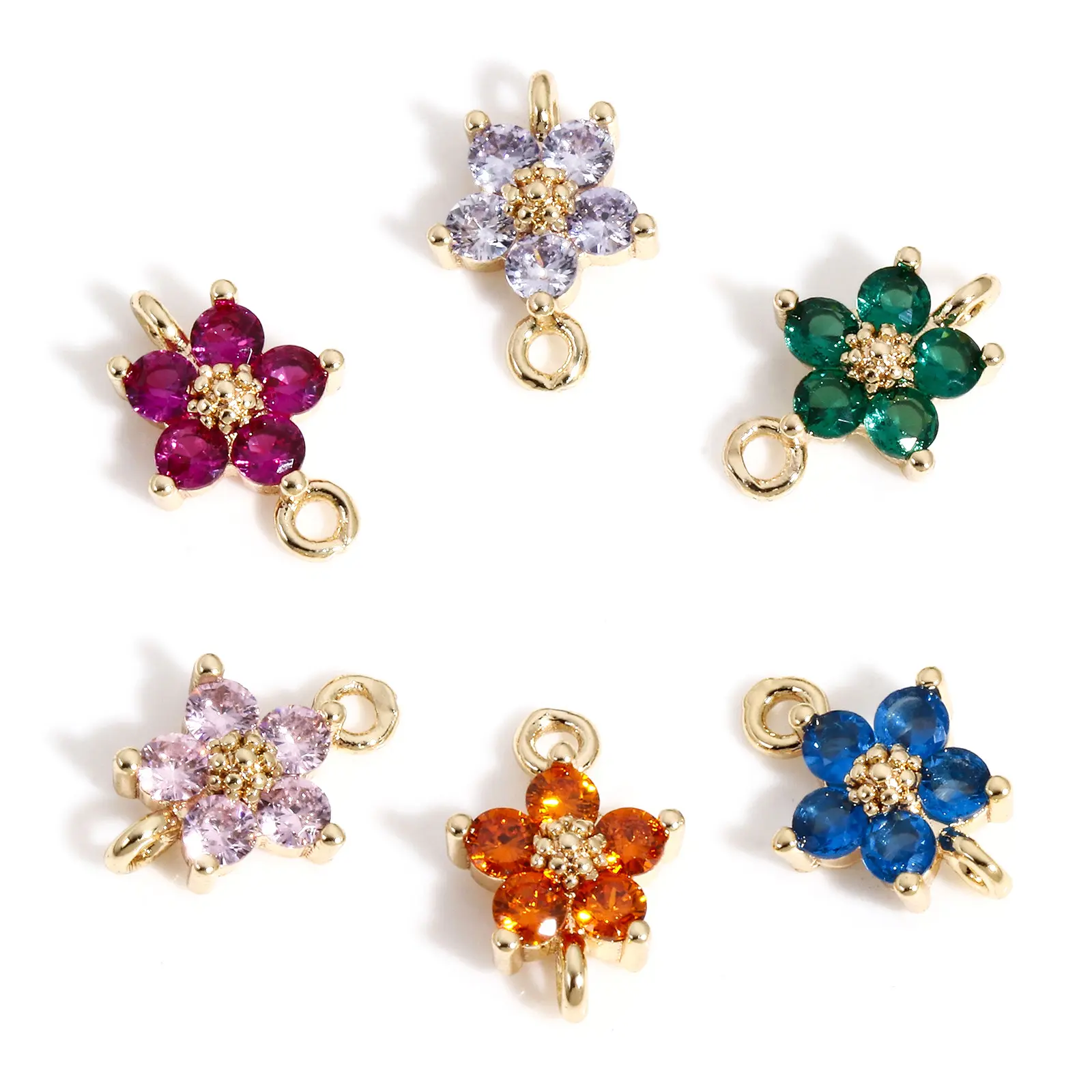 2 Piece Flower Brass Connectors Charms Pendants For DIY Jewelry Making 18K Real Gold Plated Multicolour Cubic Zirconia 12mmx8mm