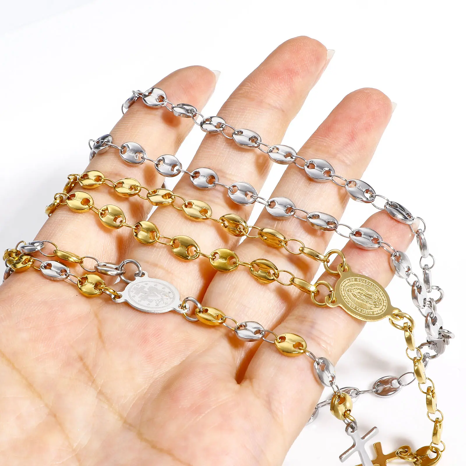 304 Stainless Steel Religious Pig Nose Chain Prayer Beads Rosary Necklace Cross Virgin Mary For Men Women 50cm(19 5/8") long