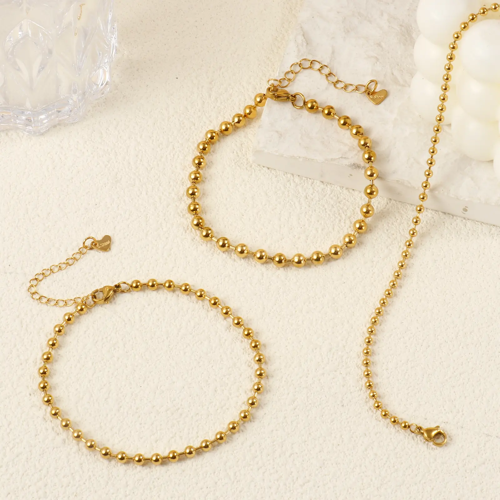 3mm/4mm/5mm Dia. Exquisite 18K Gold Plated 304 Stainless Steel Ball Chain Anklet For Women Men Party Gift 22cm(8.7") long