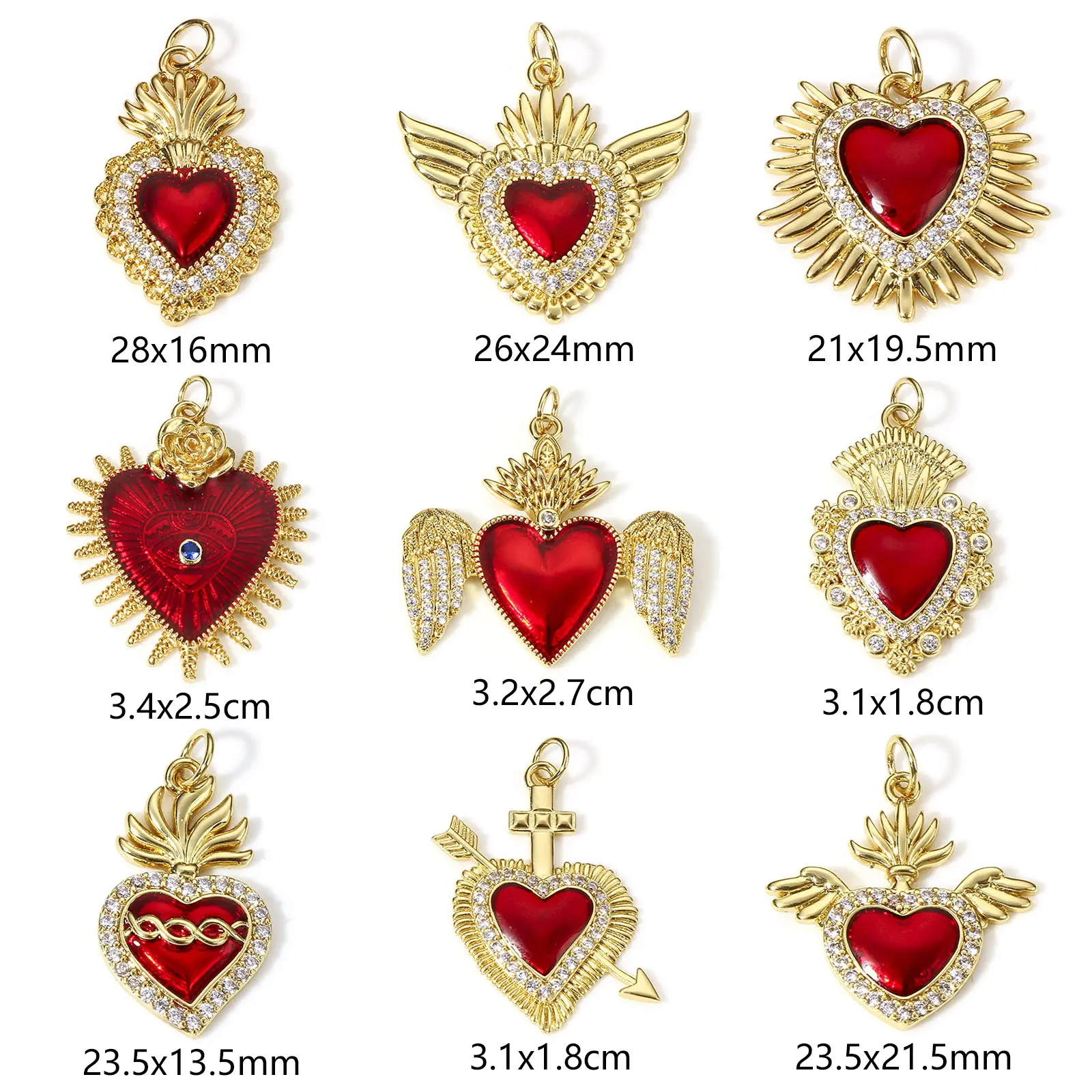 1 Piece Classic Red Religious Heart Charms For Jewelry Making Gold Color Ex Voto Pendants Clear Cubic Zirconia Necklace DIY