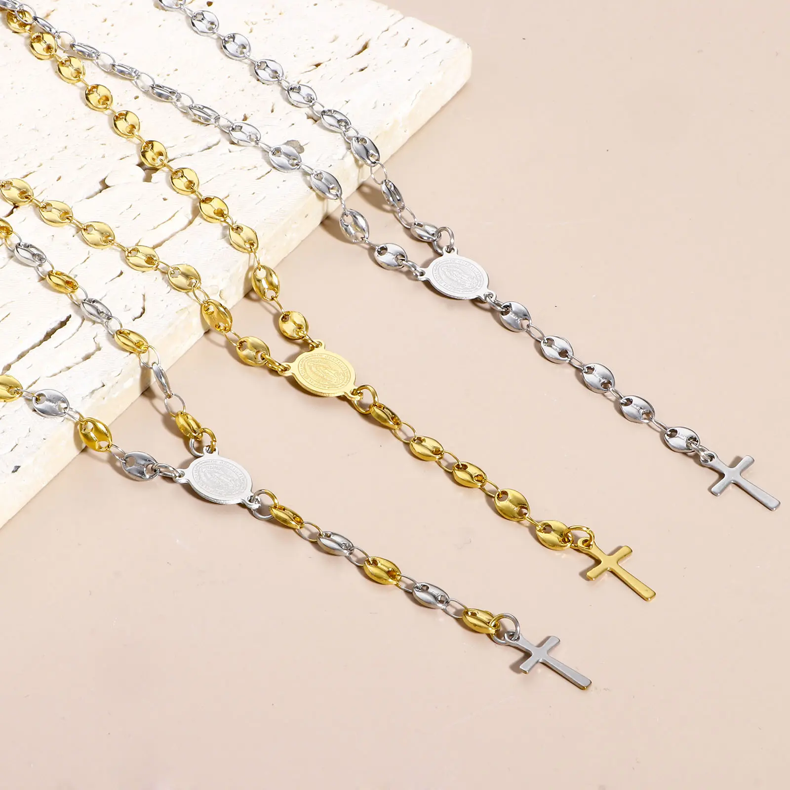 304 Stainless Steel Religious Pig Nose Chain Prayer Beads Rosary Necklace Cross Virgin Mary For Men Women 50cm(19 5/8") long