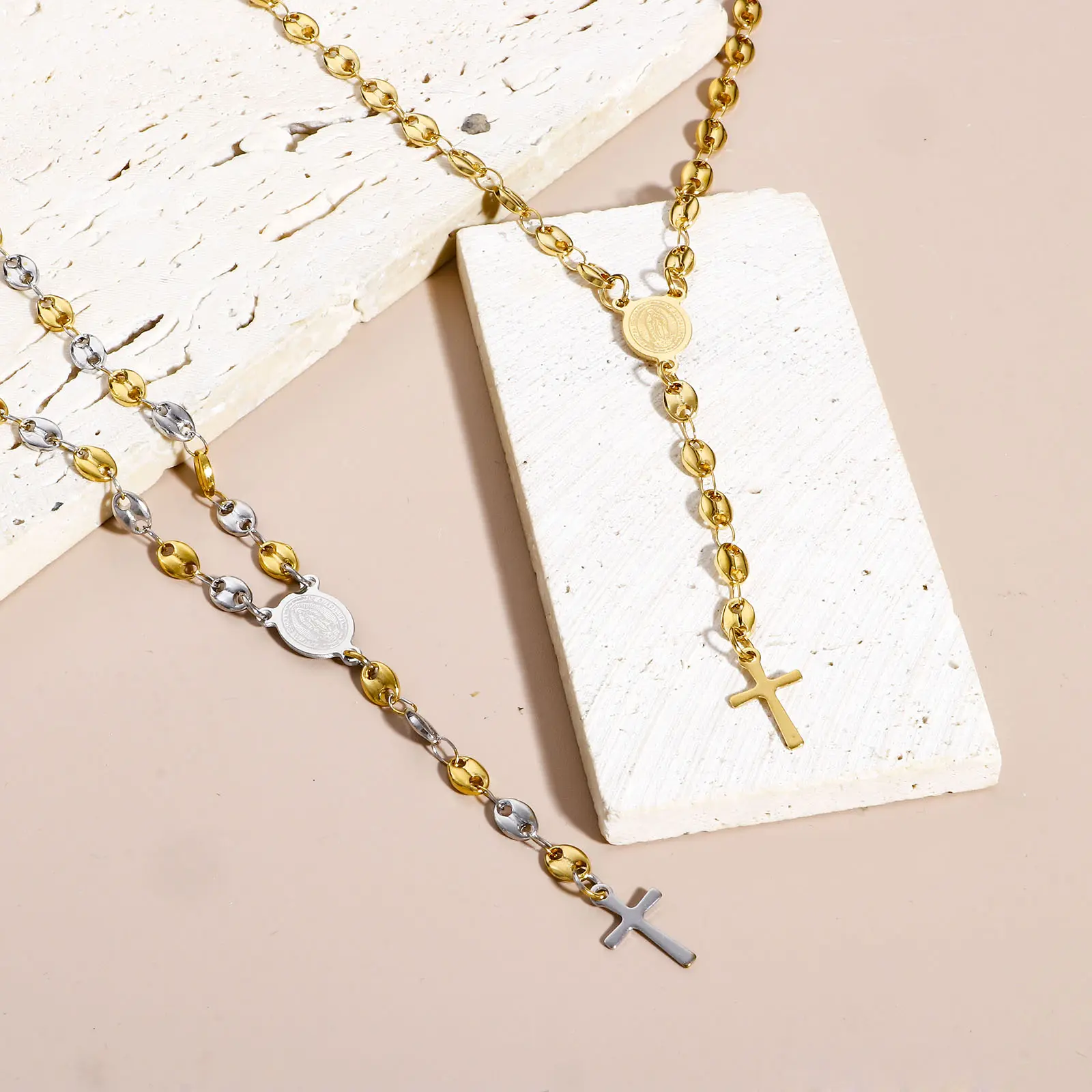 304 Stainless Steel Religious Pig Nose Chain Prayer Beads Rosary Necklace Cross Virgin Mary For Men Women 50cm(19 5/8") long