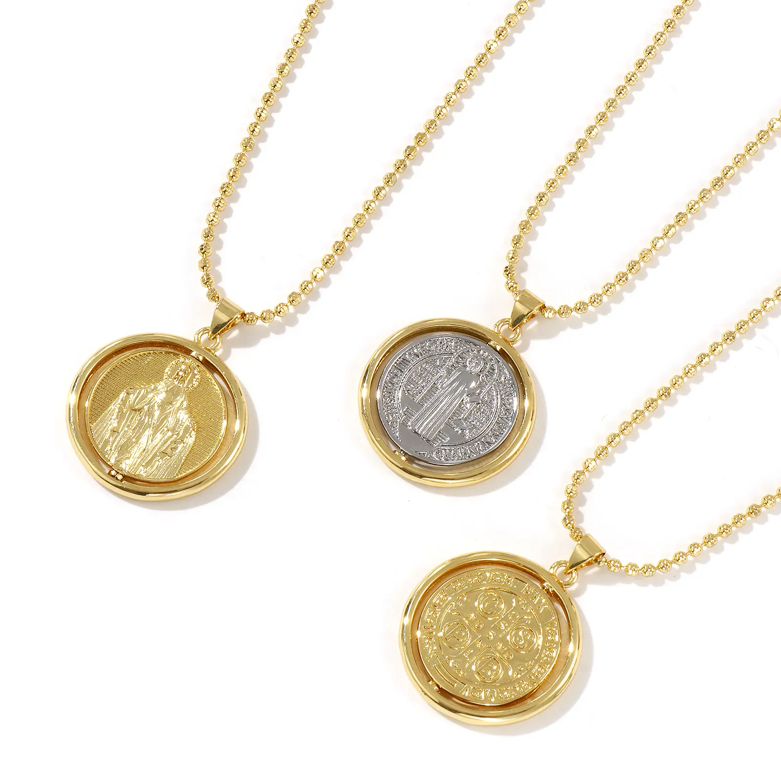 Brass Religious Ball Chain Round Pendant Charm Necklace 45cm+ 5cm St. Benedict Medal Virgin Mary Double-sided Rotatable Necklace