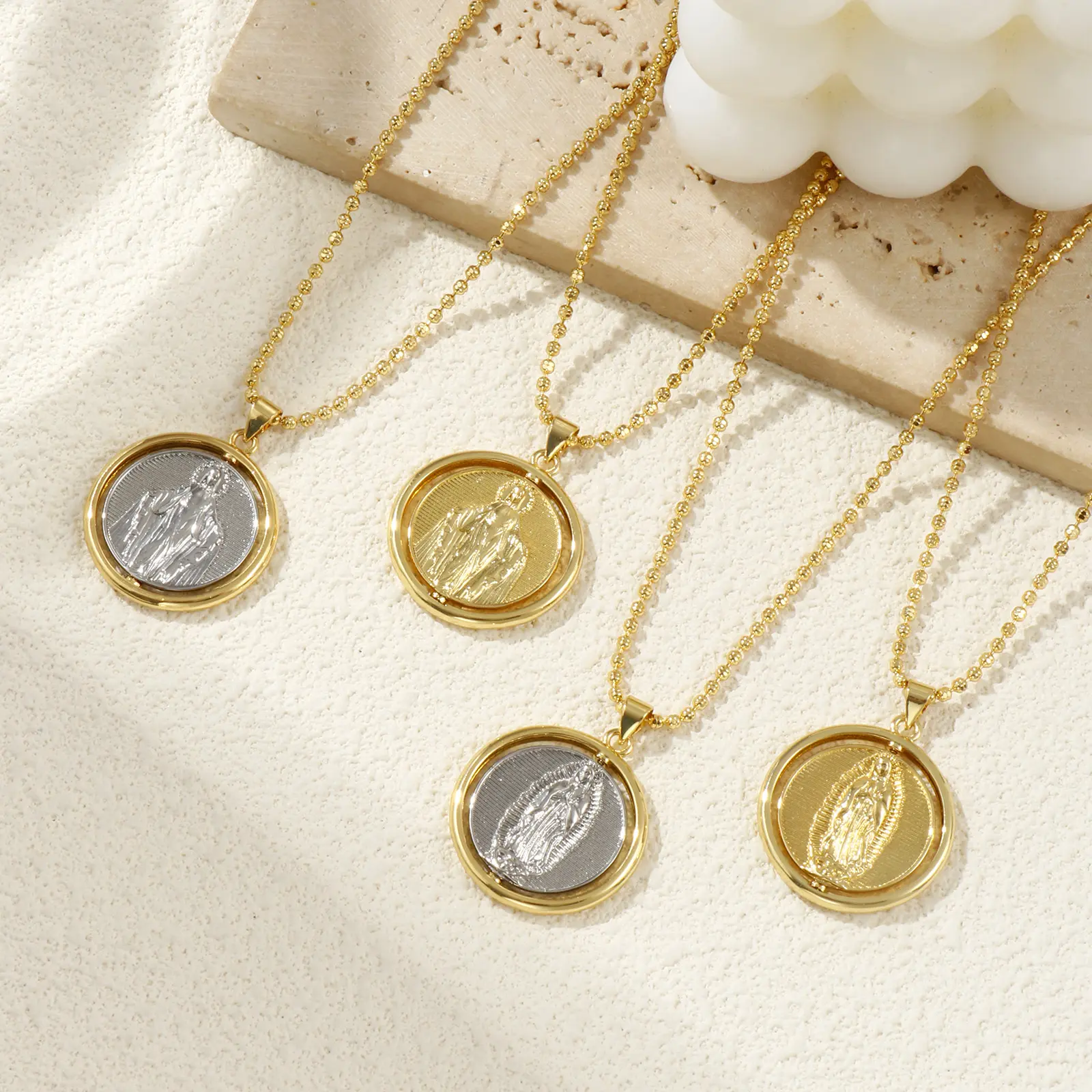 Brass Religious Ball Chain Round Pendant Charm Necklace 45cm+ 5cm St. Benedict Medal Virgin Mary Double-sided Rotatable Necklace