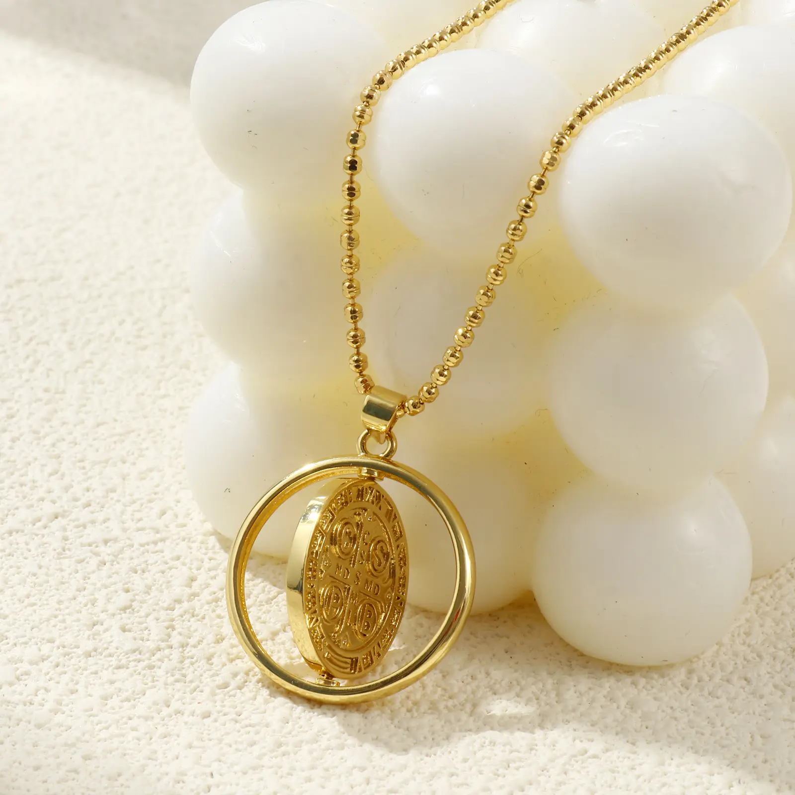 Brass Religious Ball Chain Round Pendant Charm Necklace 45cm+ 5cm St. Benedict Medal Virgin Mary Double-sided Rotatable Necklace