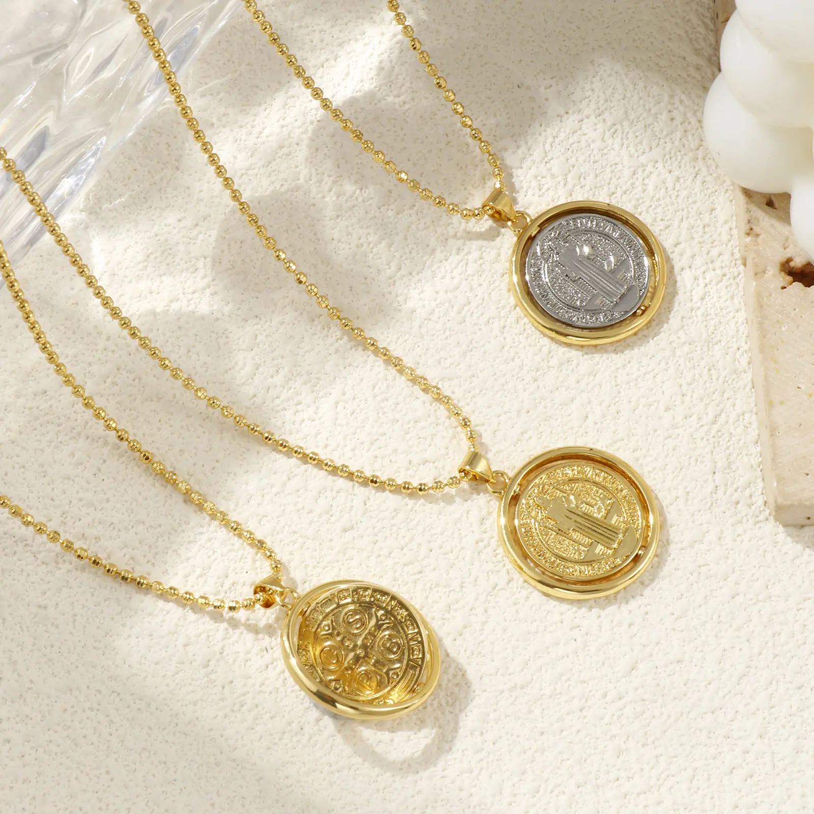 Brass Religious Ball Chain Round Pendant Charm Necklace 45cm+ 5cm St. Benedict Medal Virgin Mary Double-sided Rotatable Necklace