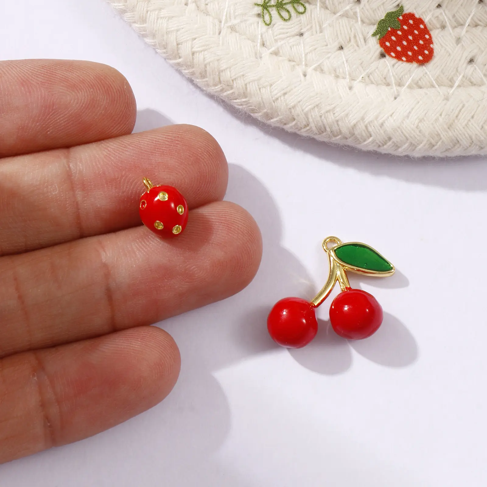 2 Piece Brass Charms 18K Gold Plated Red Enamel Fruit Strawberry Cherry Pendant For DIY Necklace Bracelet Jewelry Making