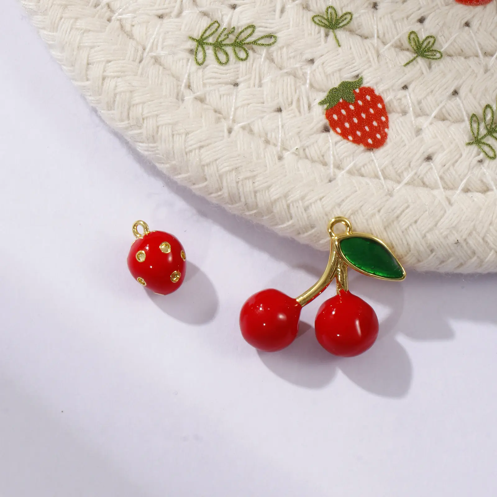 2 Piece Brass Charms 18K Gold Plated Red Enamel Fruit Strawberry Cherry Pendant For DIY Necklace Bracelet Jewelry Making