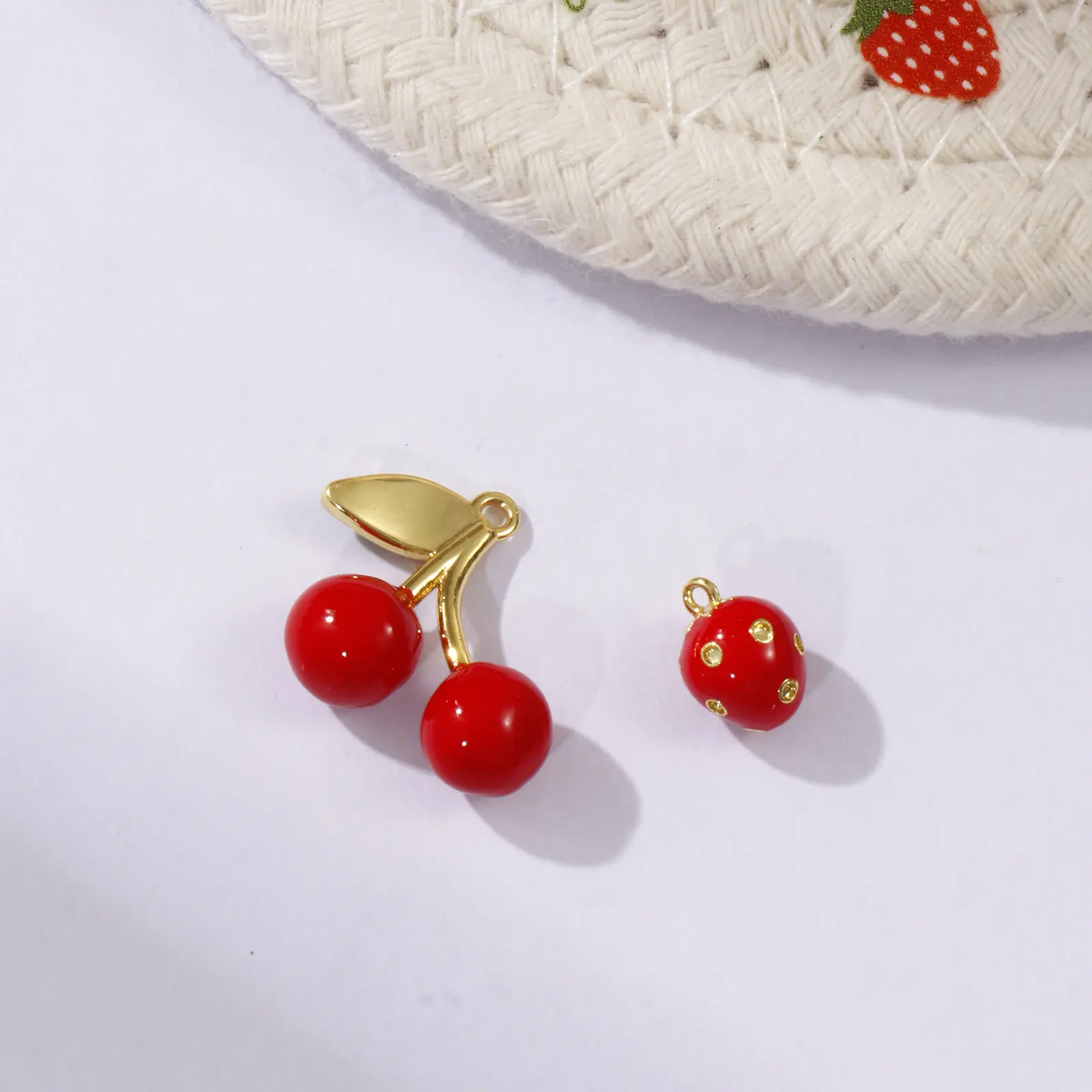 2 Piece Brass Charms 18K Gold Plated Red Enamel Fruit Strawberry Cherry Pendant For DIY Necklace Bracelet Jewelry Making