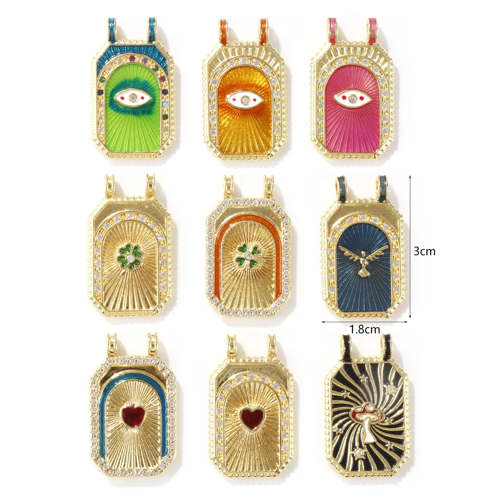 1 PC Brass Micro Pave Pendants 18K Gold Plated Octagon Enamel Mushroom Heart Eagle Clear Cubic Zirconia Necklace DIY 3cm x 1.8cm