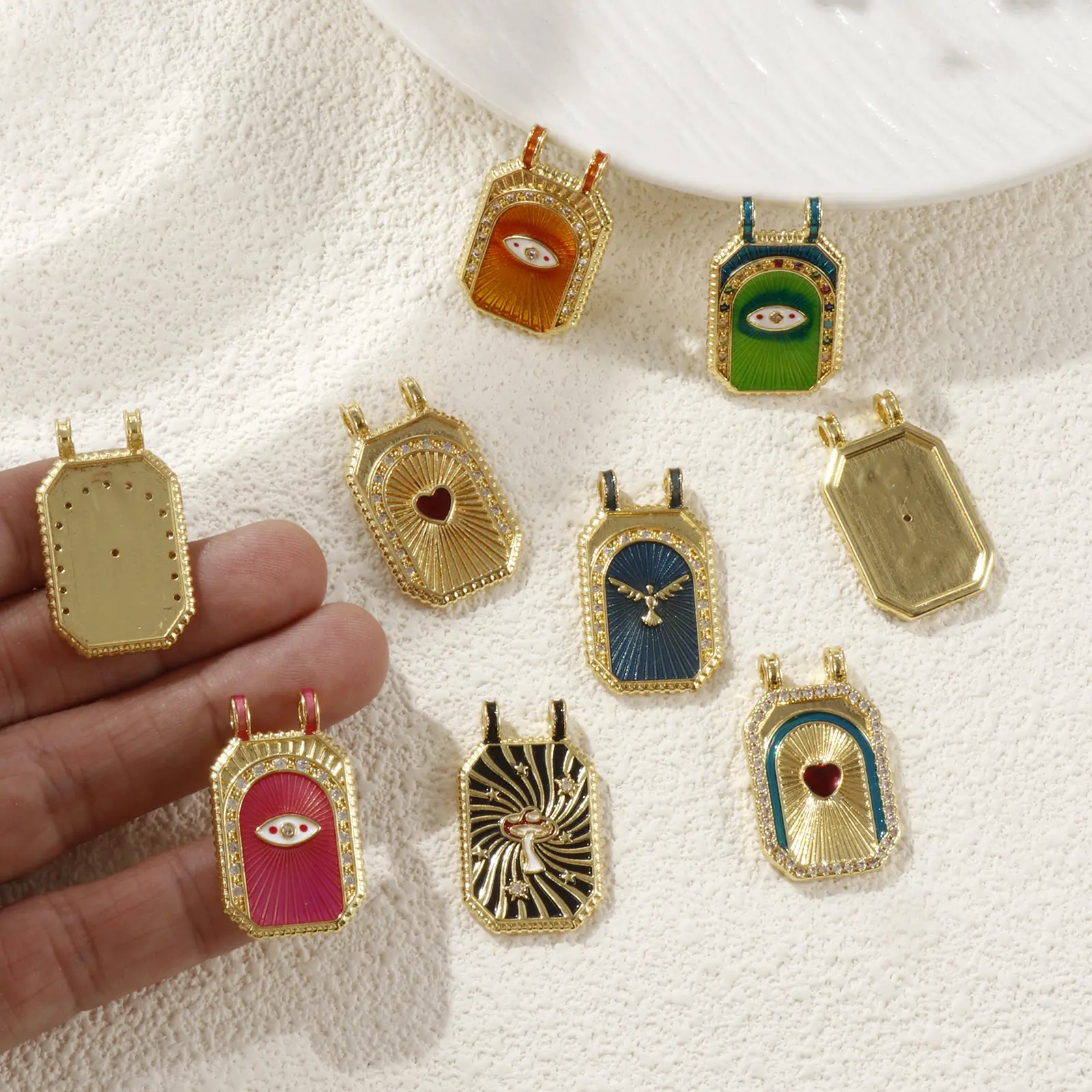 1 PC Brass Micro Pave Pendants 18K Gold Plated Octagon Enamel Mushroom Heart Eagle Clear Cubic Zirconia Necklace DIY 3cm x 1.8cm
