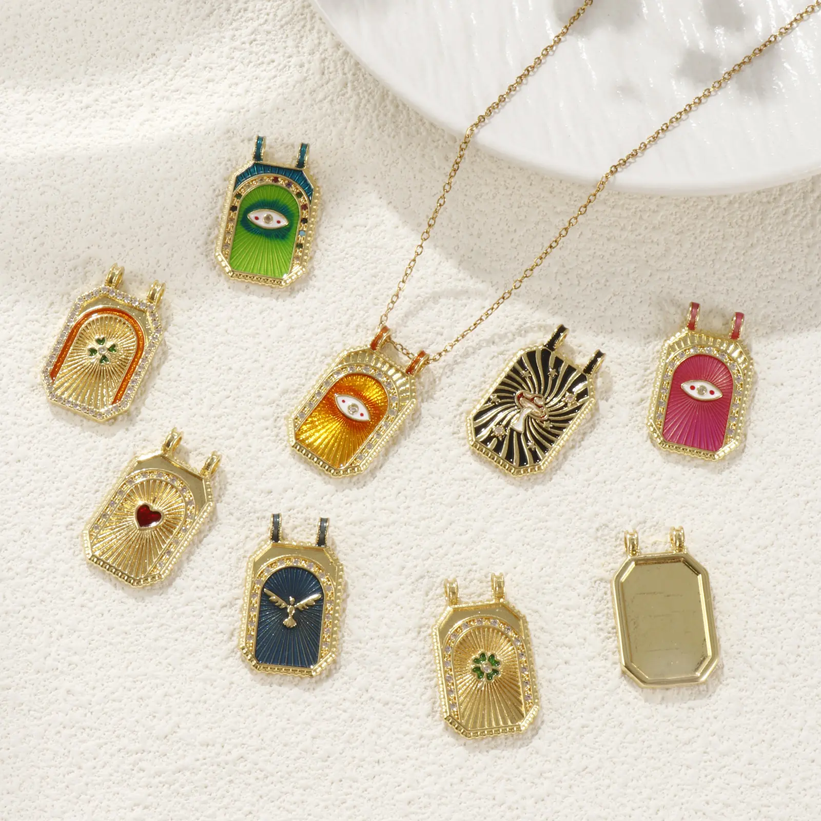 1 PC Brass Micro Pave Pendants 18K Gold Plated Octagon Enamel Mushroom Heart Eagle Clear Cubic Zirconia Necklace DIY 3cm x 1.8cm
