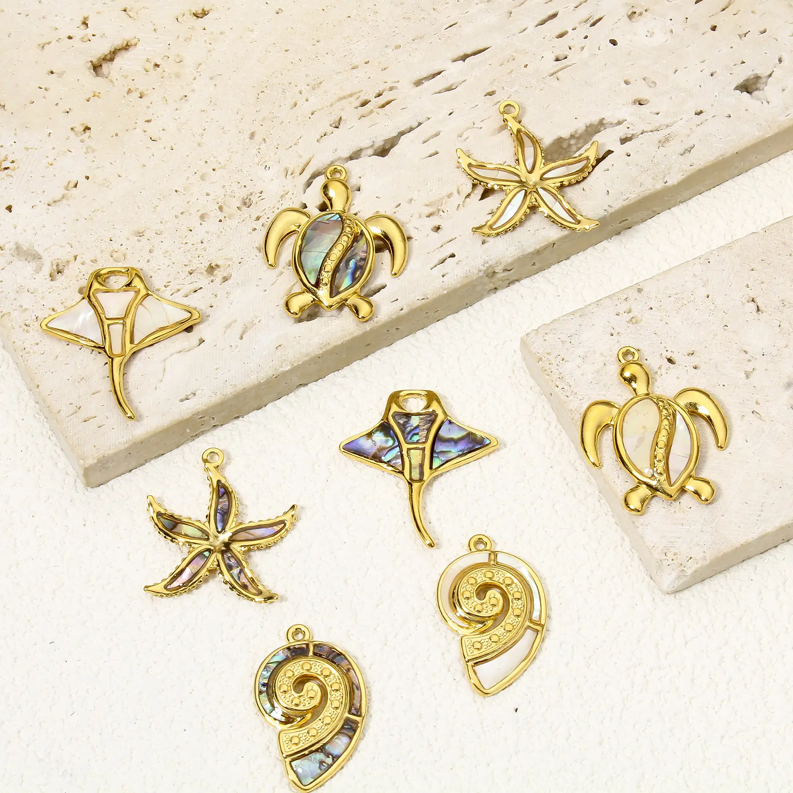 1PCs Ocean Series 304 Stainless Steel & Shell Charms For DIY Jewelry Making Gold Color Sea Turtle Animal Conch Pendant Necklace