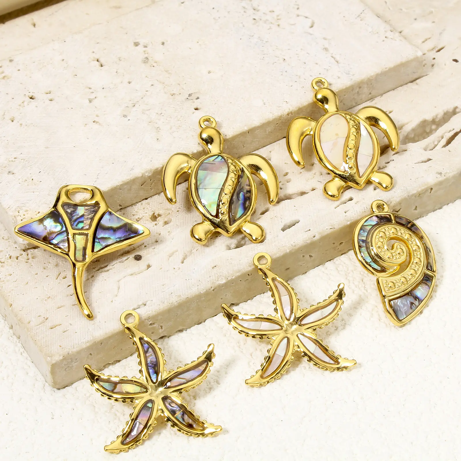 1PCs Ocean Series 304 Stainless Steel & Shell Charms For DIY Jewelry Making Gold Color Sea Turtle Animal Conch Pendant Necklace
