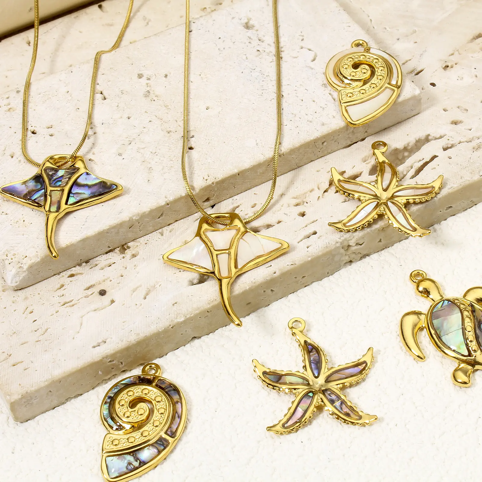 1PCs Ocean Series 304 Stainless Steel & Shell Charms For DIY Jewelry Making Gold Color Sea Turtle Animal Conch Pendant Necklace