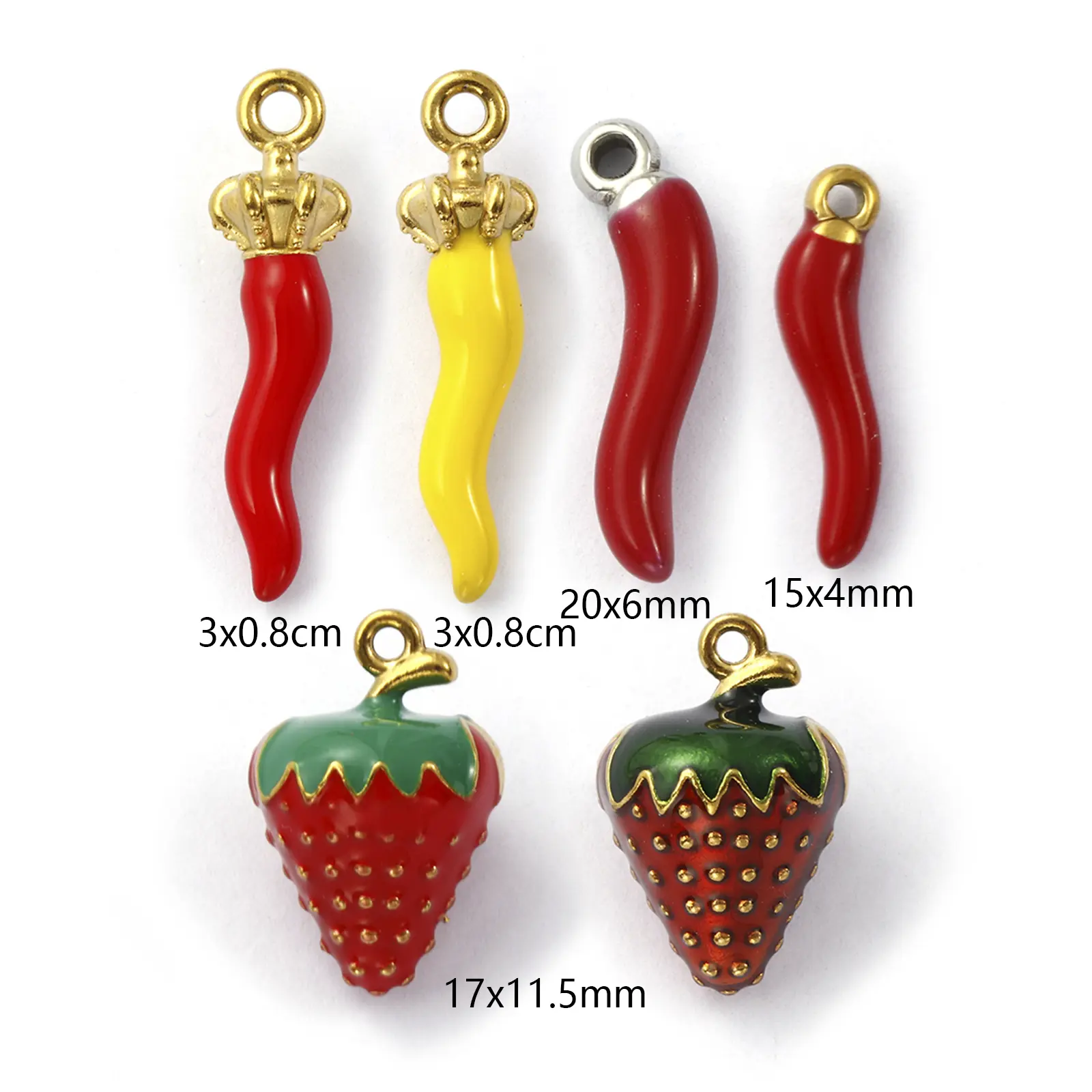2 PCs 304 Stainless Steel Charms Red Yellow Enamel 3D chili strawberry Pendants For DIY Necklace Jewelry Making Findings