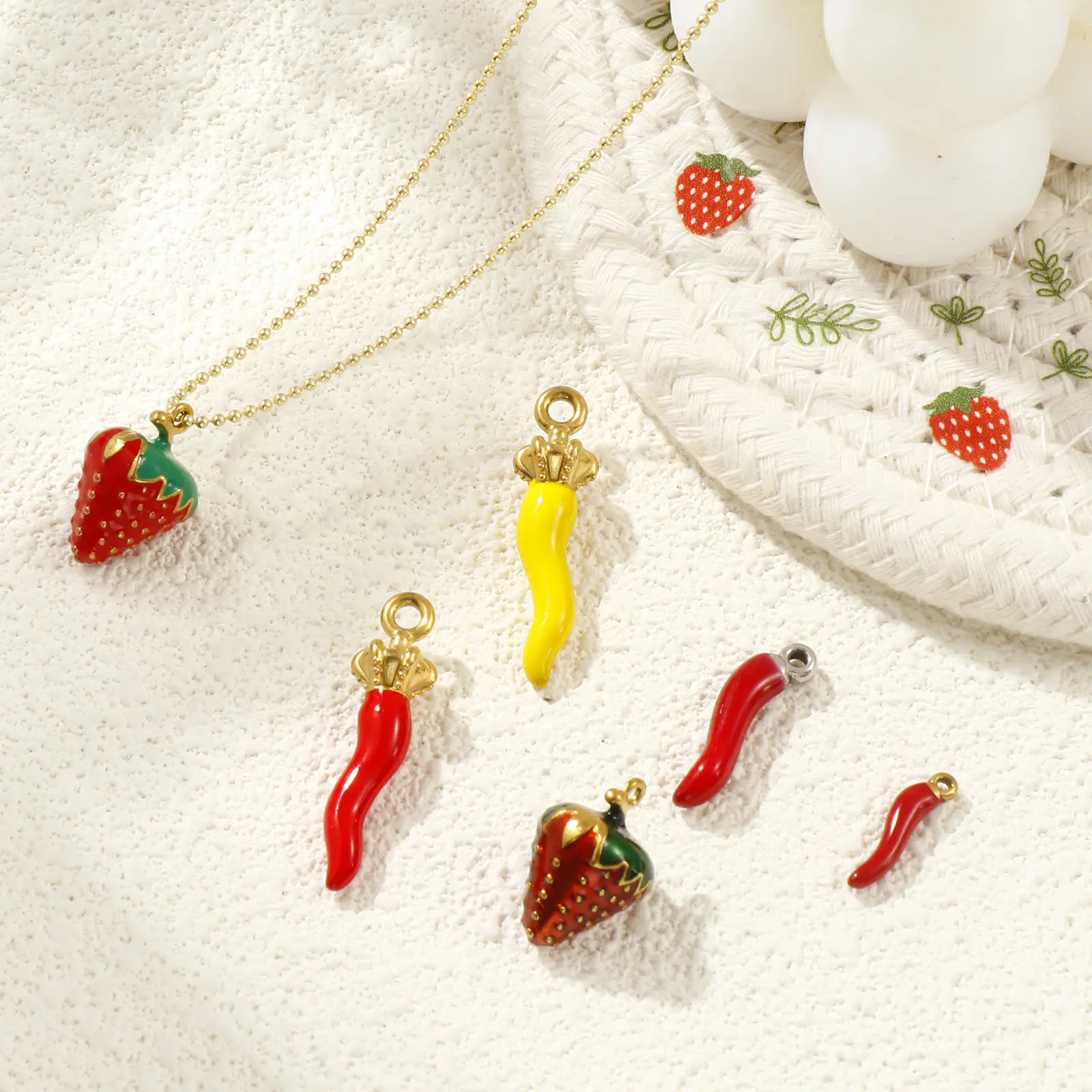 2 PCs 304 Stainless Steel Charms Red Yellow Enamel 3D chili strawberry Pendants For DIY Necklace Jewelry Making Findings
