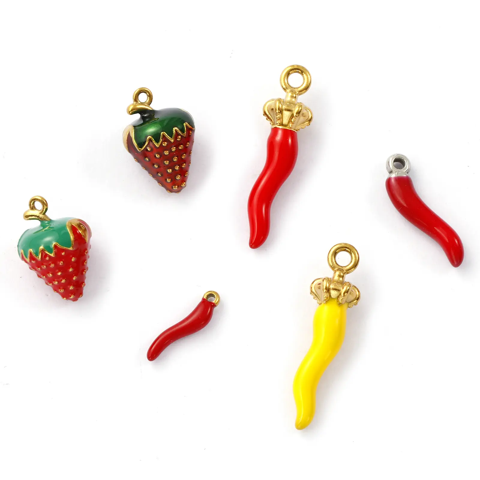 2 PCs 304 Stainless Steel Charms Red Yellow Enamel 3D chili strawberry Pendants For DIY Necklace Jewelry Making Findings