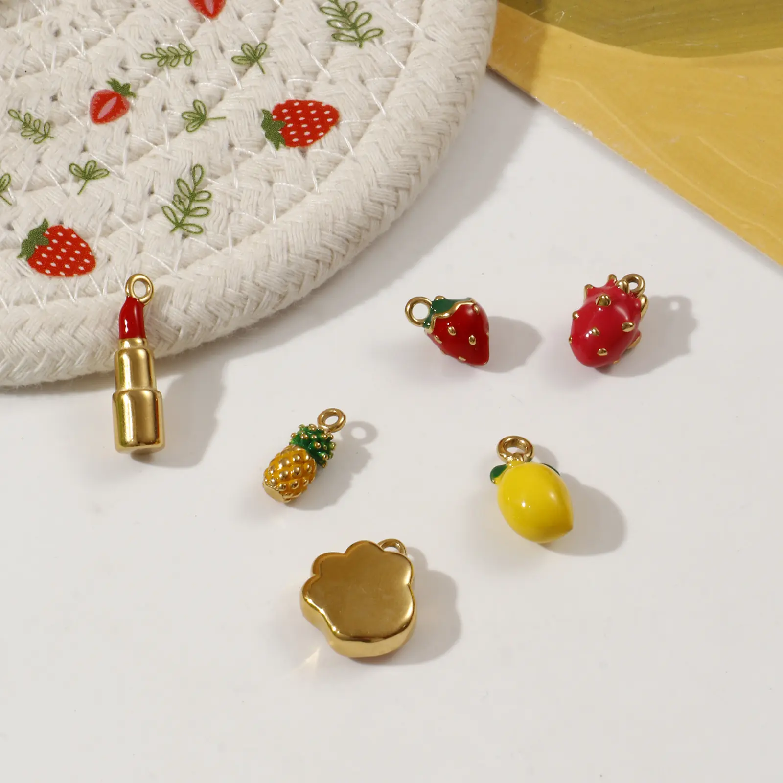 1 Piece 304 Stainless Steel Charms 18K Real Gold Plated Enamel Lipstick Strawberry Mango Pineapple Pendant Necklace DIY Making