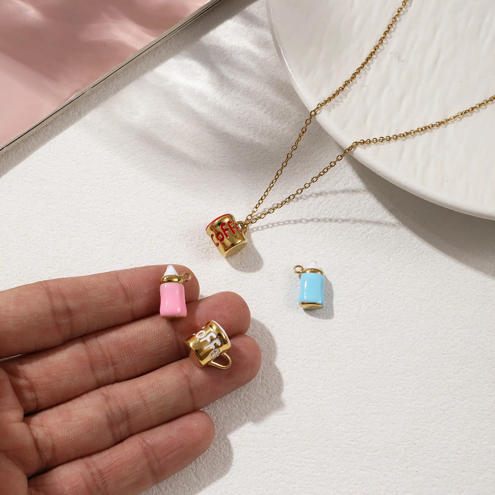 1 Piece 304 Stainless Steel Charms 18K Gold Plated Enamel Milk Bottle Cup Pendant For DIY Necklace Bracelet Jewelry Making