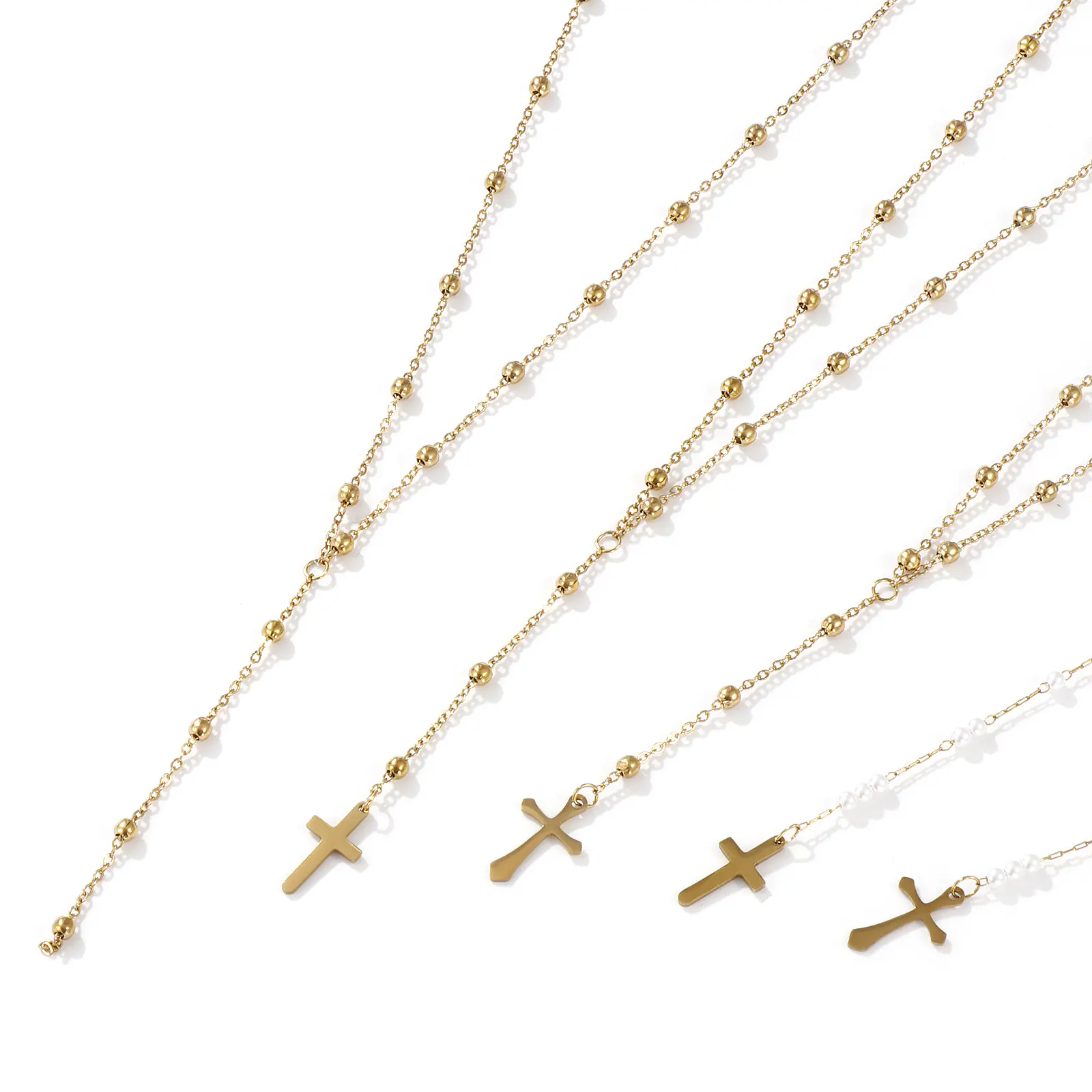 304 Stainless Steel Cross Pendant Necklace 18K Real Gold Plated Link Cable Chain Prayer Beads Rosary Y Shape Drop Necklace