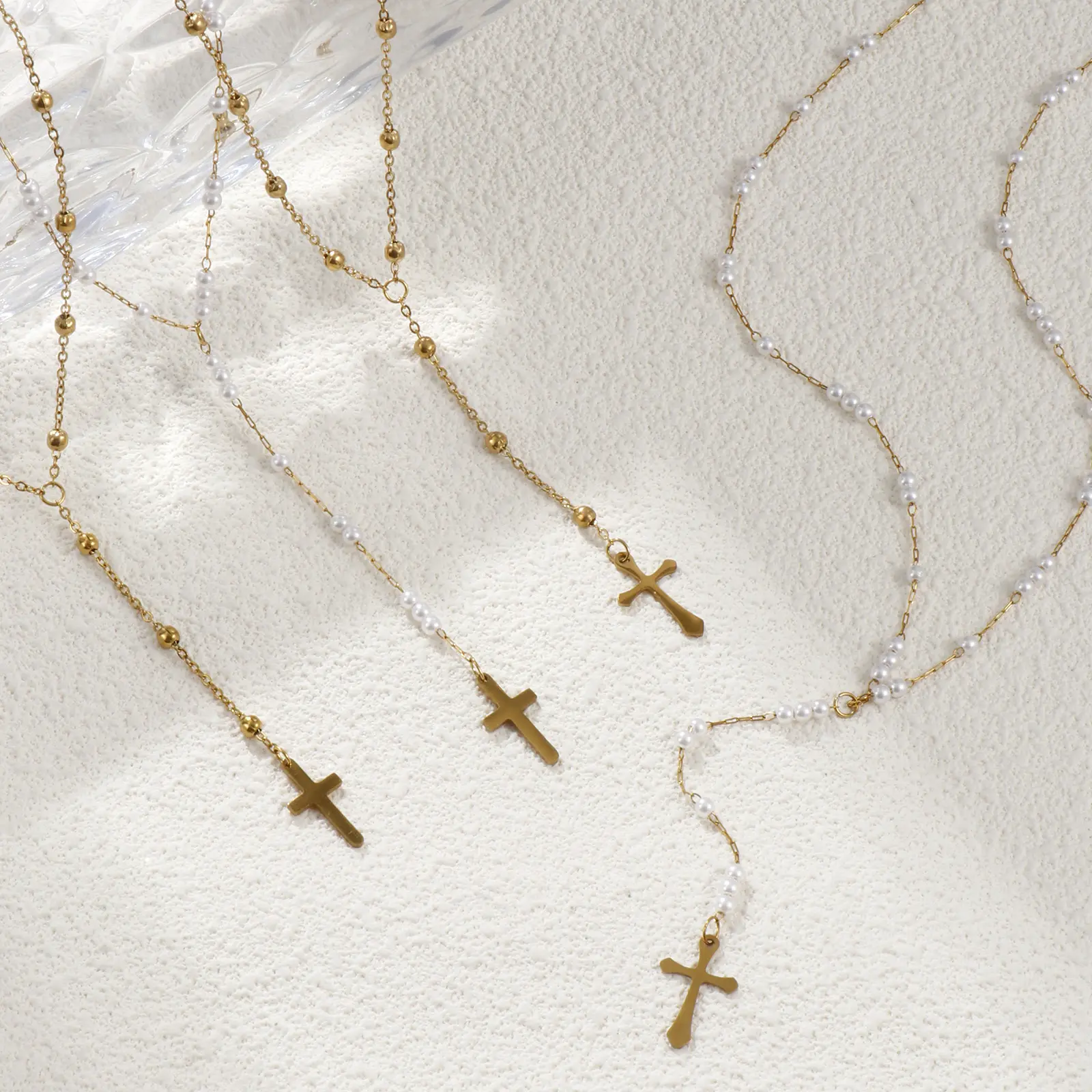 304 Stainless Steel Cross Pendant Necklace 18K Real Gold Plated Link Cable Chain Prayer Beads Rosary Y Shape Drop Necklace