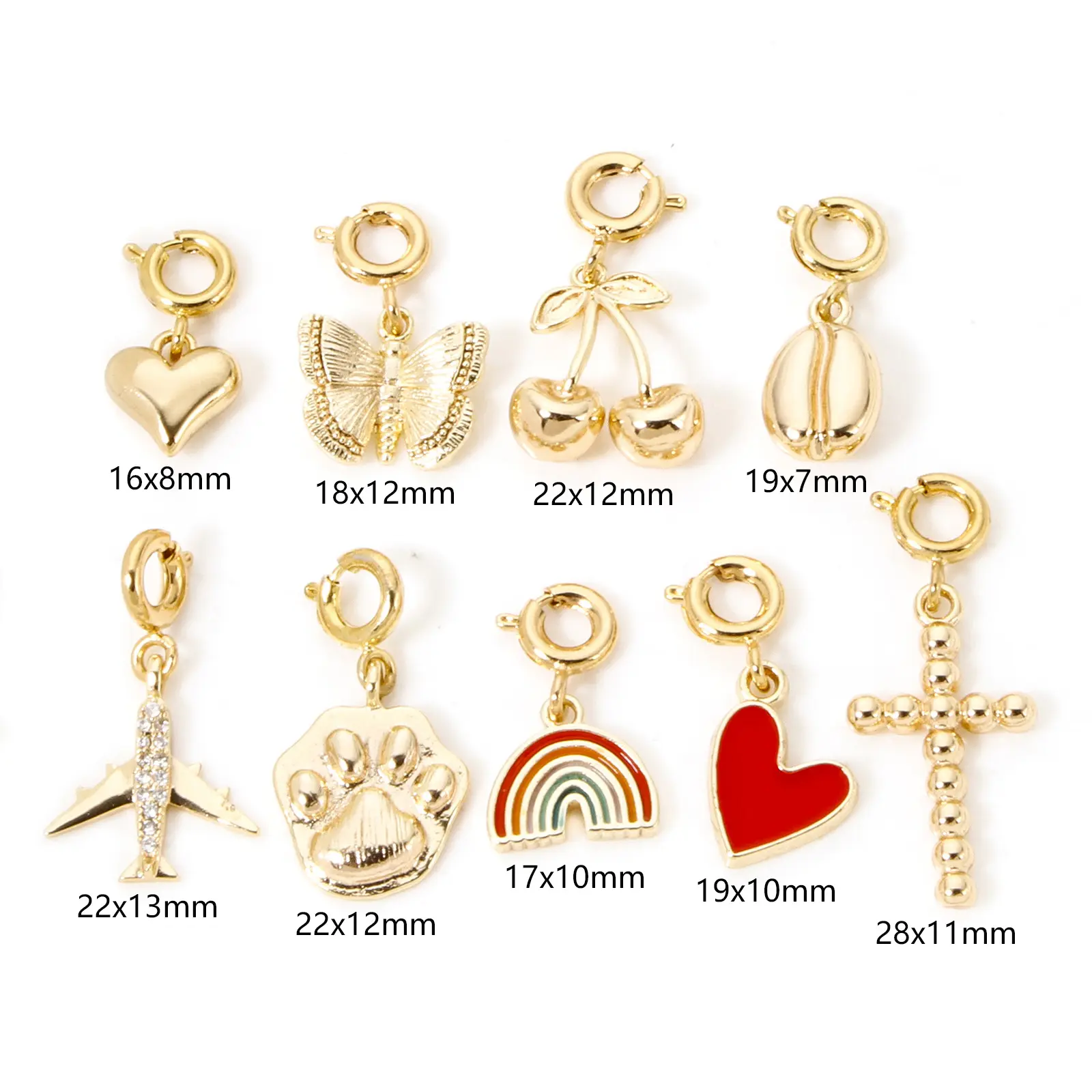 1 Piece Brass Charms 18K Real Gold Plated With Spring Ring Clasp Cherry Heart Rainbow Pendant For DIY Neckalce Bracelet Making