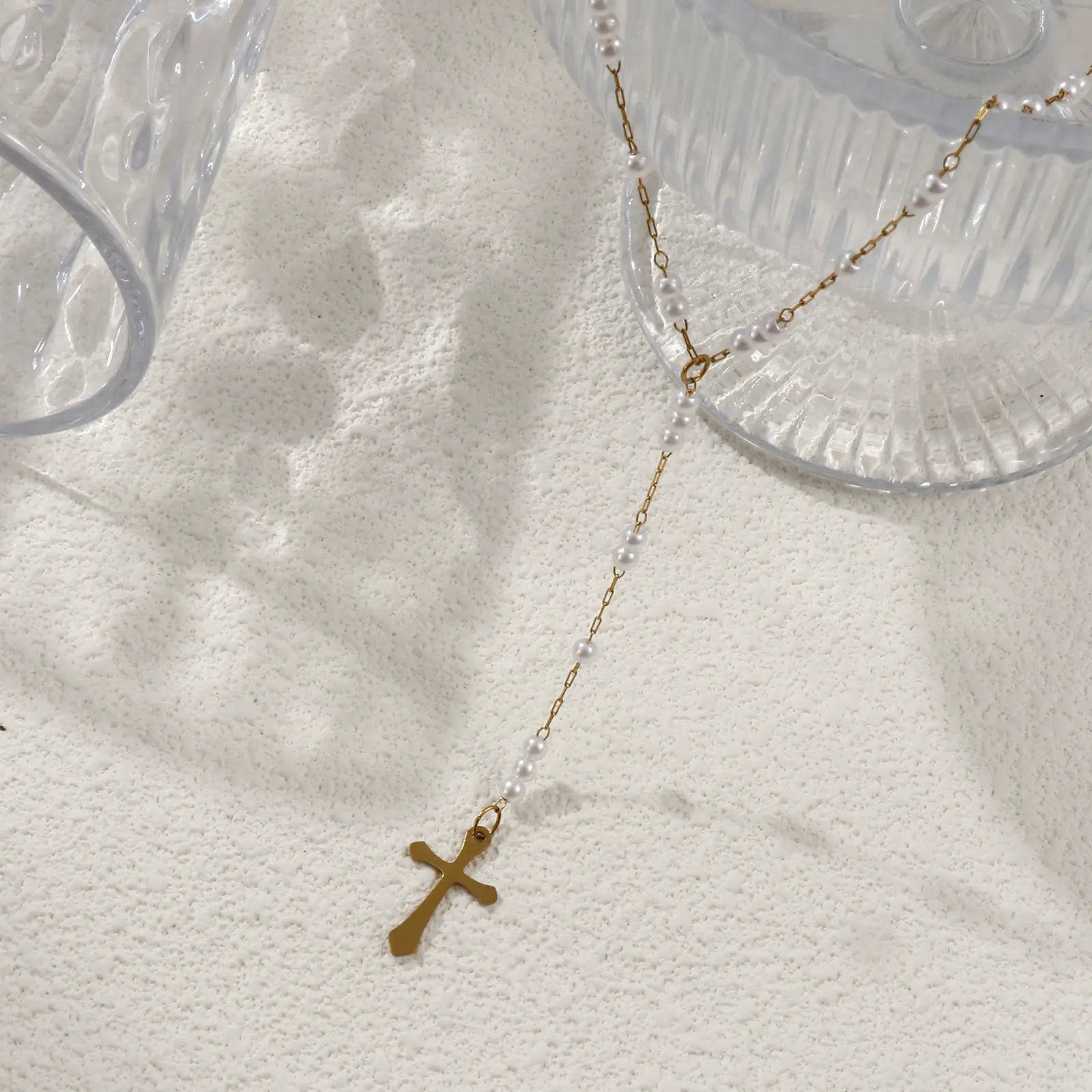 304 Stainless Steel Cross Pendant Necklace 18K Real Gold Plated Link Cable Chain Prayer Beads Rosary Y Shape Drop Necklace